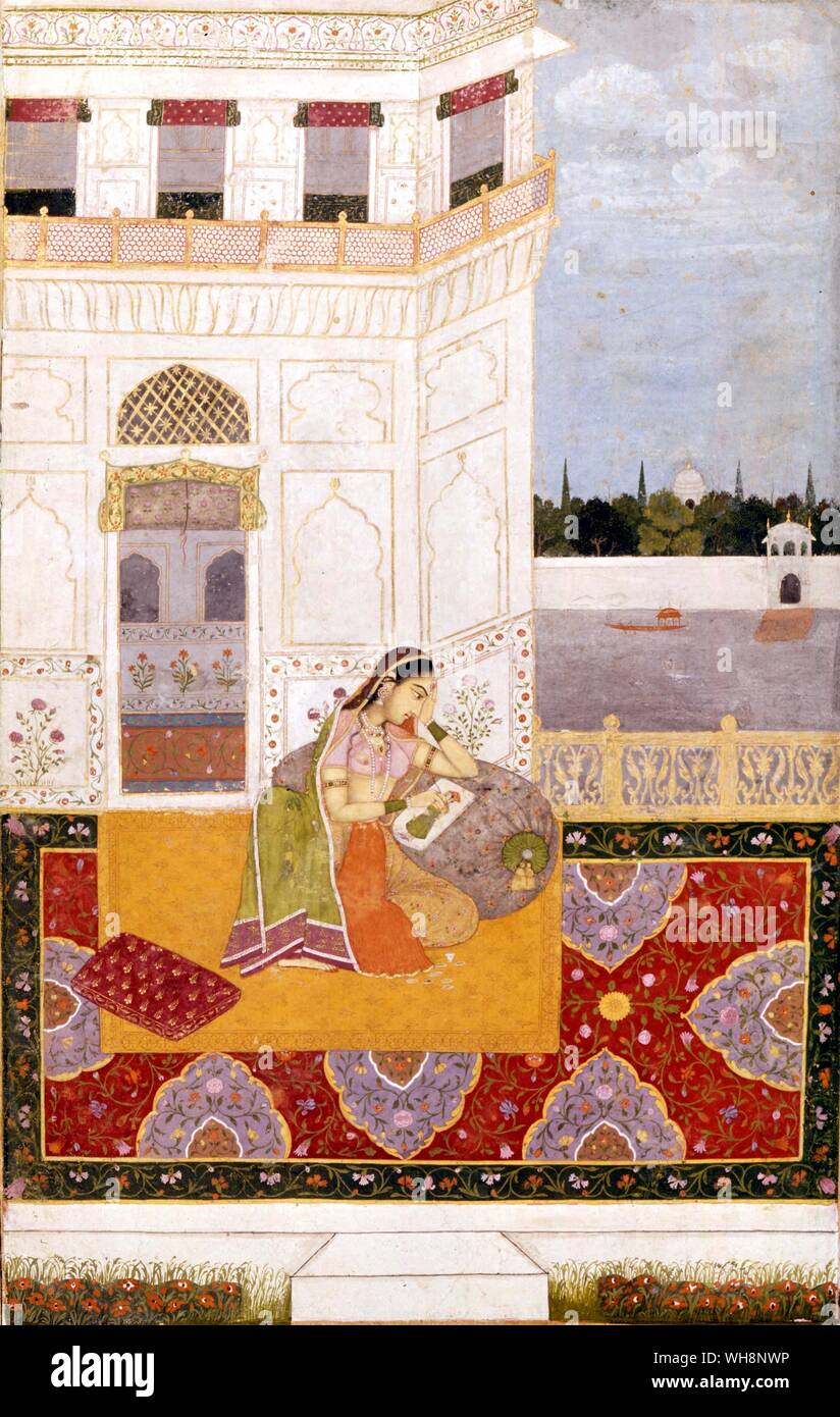 Une dame dans un palais à peindre un portrait de son amant. Une illustration pour un raga, ou encore de mode, 18e siècle Banque D'Images