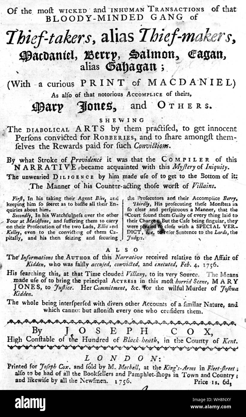 Page de titre de preneurs de voleur Joseph Cox's brochure. La profession de voleur-prise a été créé en 1692 par une loi pour encourager l'arrestation des bandits Banque D'Images