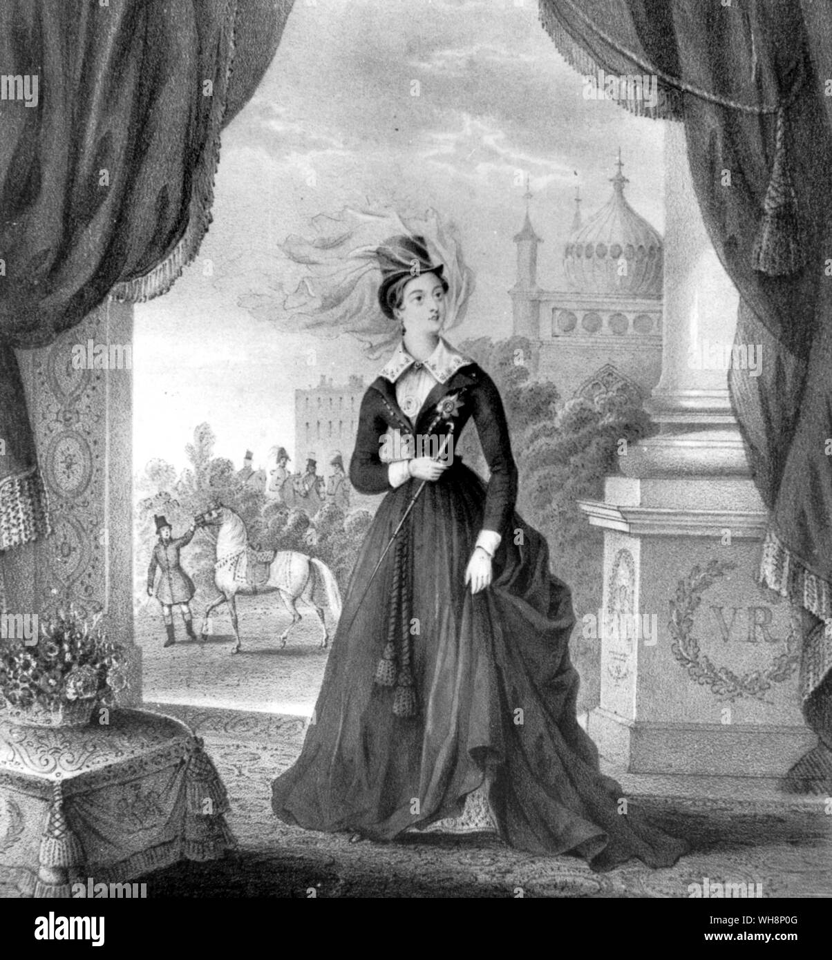 Au cours des premières années de son règne la Reine Victoria souvent séjourné à Brighton au Royal Pavilion construite par son oncle George IV quand il était Prince Regent ici elle est vue en 1838 au sujet d'aller à cheval sur son cheval arabe préférée dans le domaine du pavillon Banque D'Images