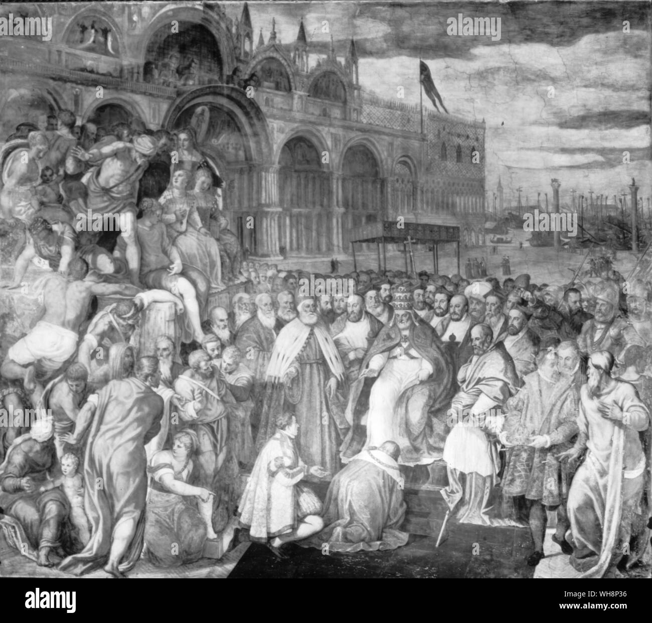 La réconciliation entre le Pape Alexandre III et l'empereur Frédéric Barberousse. Une peinture par Guiseppe Salviati (1520-75) au Vatican Banque D'Images