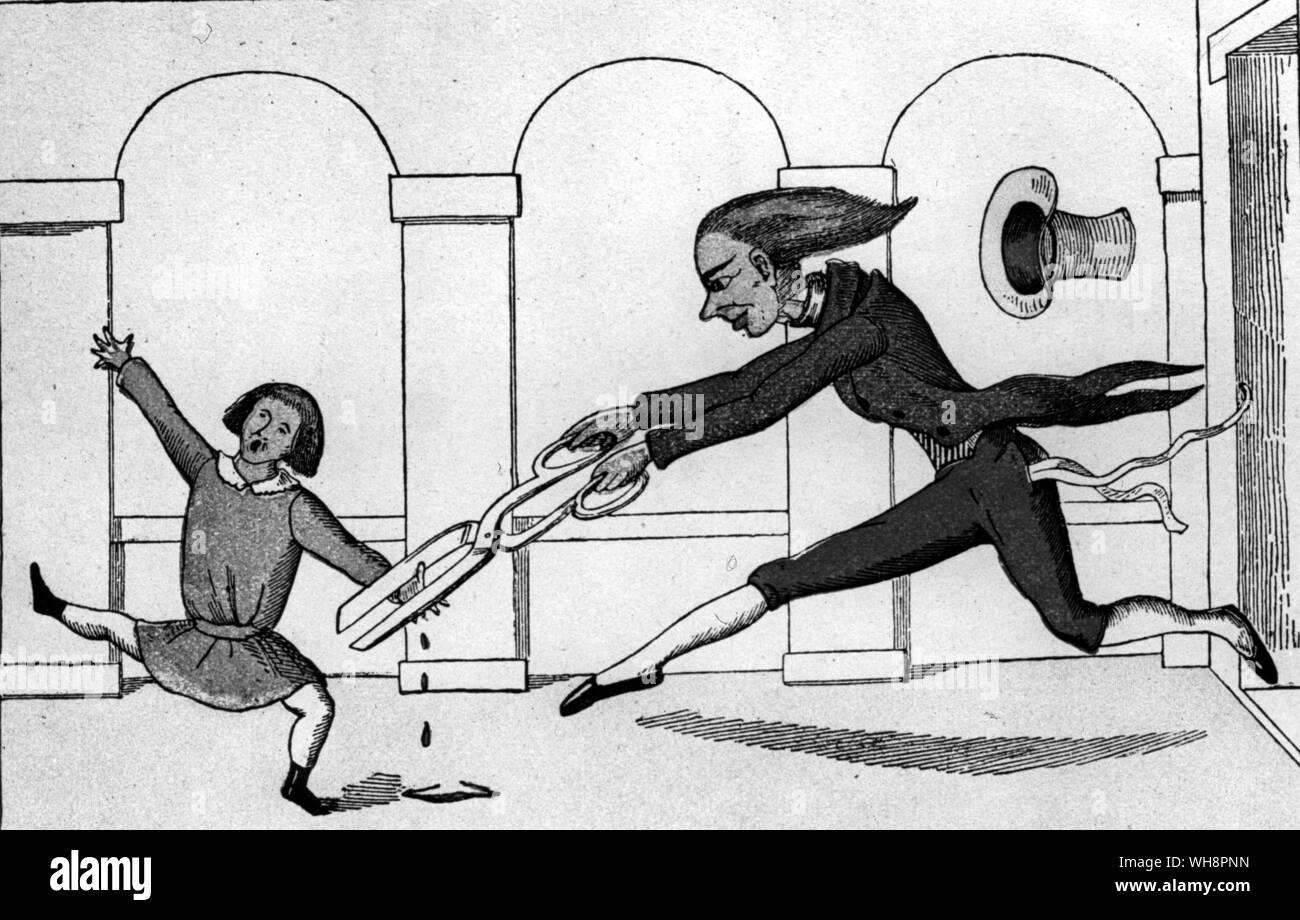 Les grands ciseaux à pattes rouges longue de l'histoire de l'homme peu sucer un pouce W H Audens poème préféré de Hoffman's Struwelpeter Banque D'Images