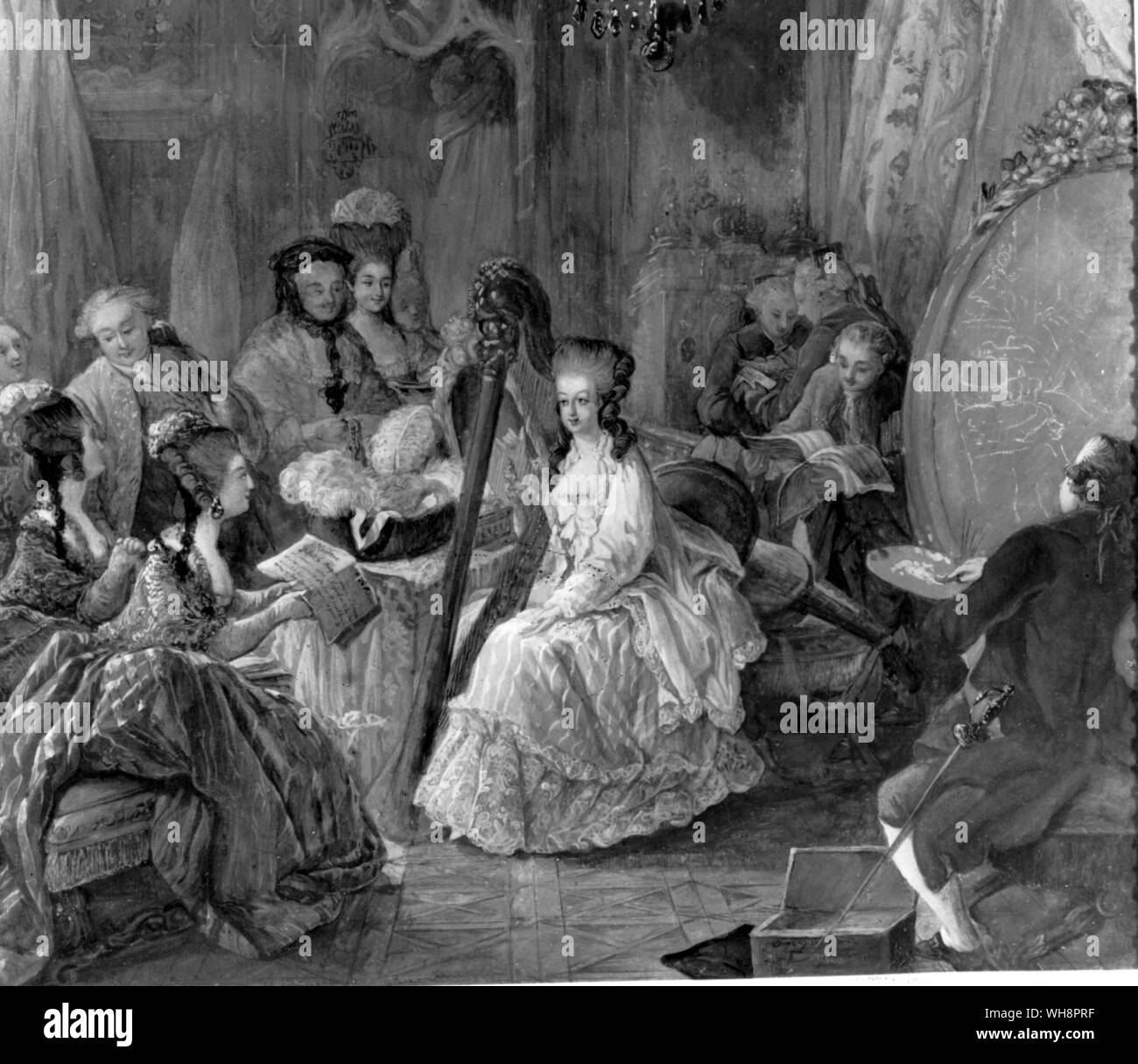Marie-Antoinette à la harpe avec ses courtisans à Versailles Banque D'Images