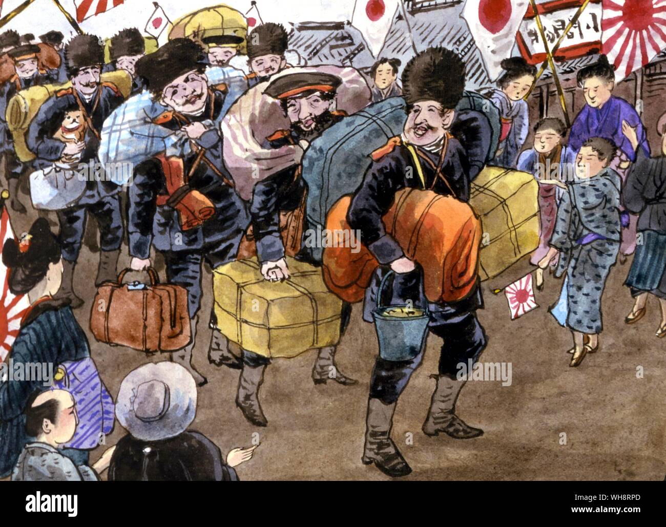 Peinture de prisonniers russes de la guerre russo-japonaise marche dans les rues de Kobe. Banque D'Images