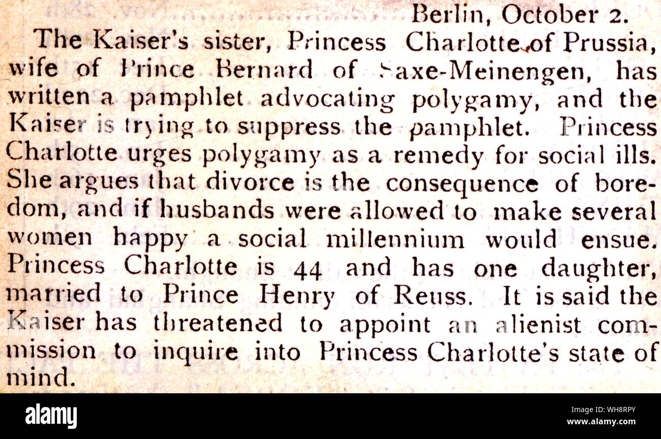 Un article de journal au sujet de la princesse Charlotte de Prusse advocation du de la polygamie. 1904. Banque D'Images