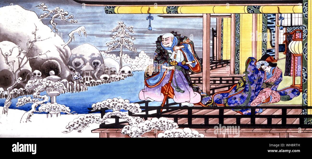 Illustration de Kiyomori voir les montagnes comme des fantômes après qu'il fut frappé par une fièvre parce qu'il a enterré les hommes en vie. Banque D'Images