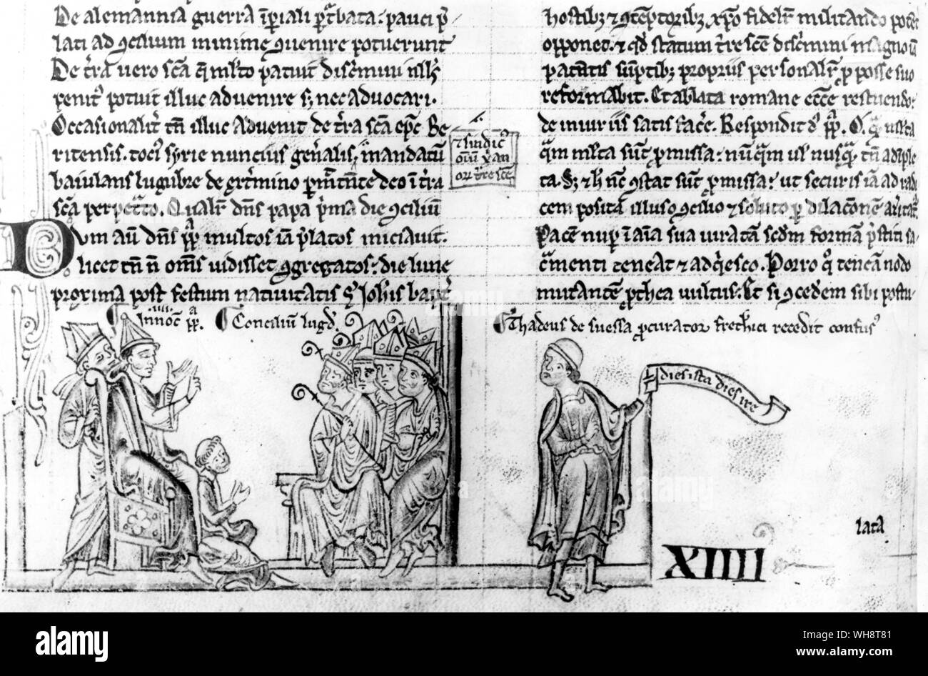 Innocent IV excommunie (ou déclare) Frederick II, Saint Empereur romain au conseil de Lyon'miniature à partir de la Chronique de Matthieu Paris 13 siècle Banque D'Images