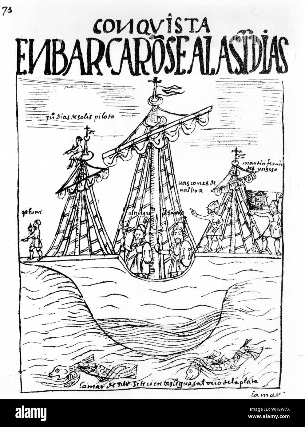 Pizarro a formé une petite flotte pour la conquête du Pérou.. Les dessins du début du xviième siècle codex péruvien Pomo de Ayala. Codex péruvien intitulée "Nueva Coronica y Buen Gobierno", compilé par Felipe Huaman, Poma de Ayala et achevé en 1613 Banque D'Images