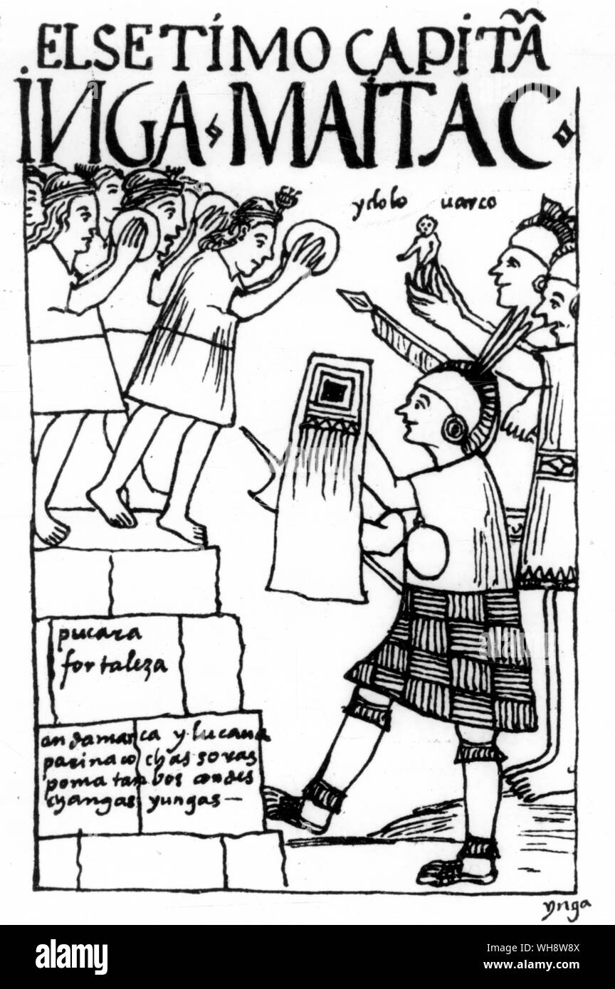 Les soldats de l'Inca sont armés de haches en bronze et bataille recouvert de cuir boucliers.. Codex péruvien intitulée "Nueva Coronica y Buen Gobierno", compilé par Felipe Huaman, Poma de Ayala, achevé en 1613 Banque D'Images