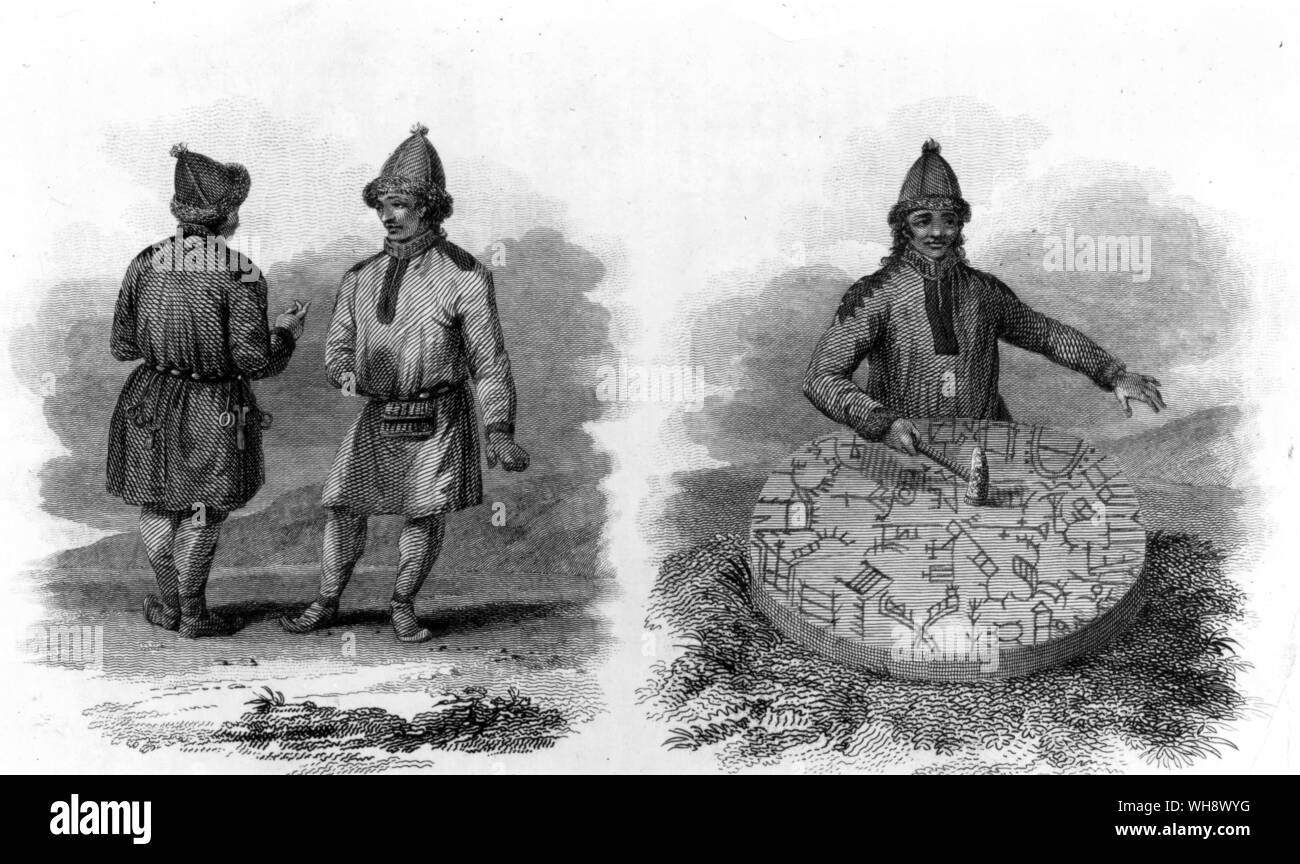 Un tour et son tambour magique, gravure par George Cooke de Pinkerton's Voyages 1819. La religion des Lapons, avant la venue du christianisme était une forme de chamanisme. . Banque D'Images Un tour et son tambour magique, gravure par George Cooke de Pinkerton's Voyages 1819. La religion des Lapons, avant la venue du christianisme était une forme de chamanisme. . Banque D'Images