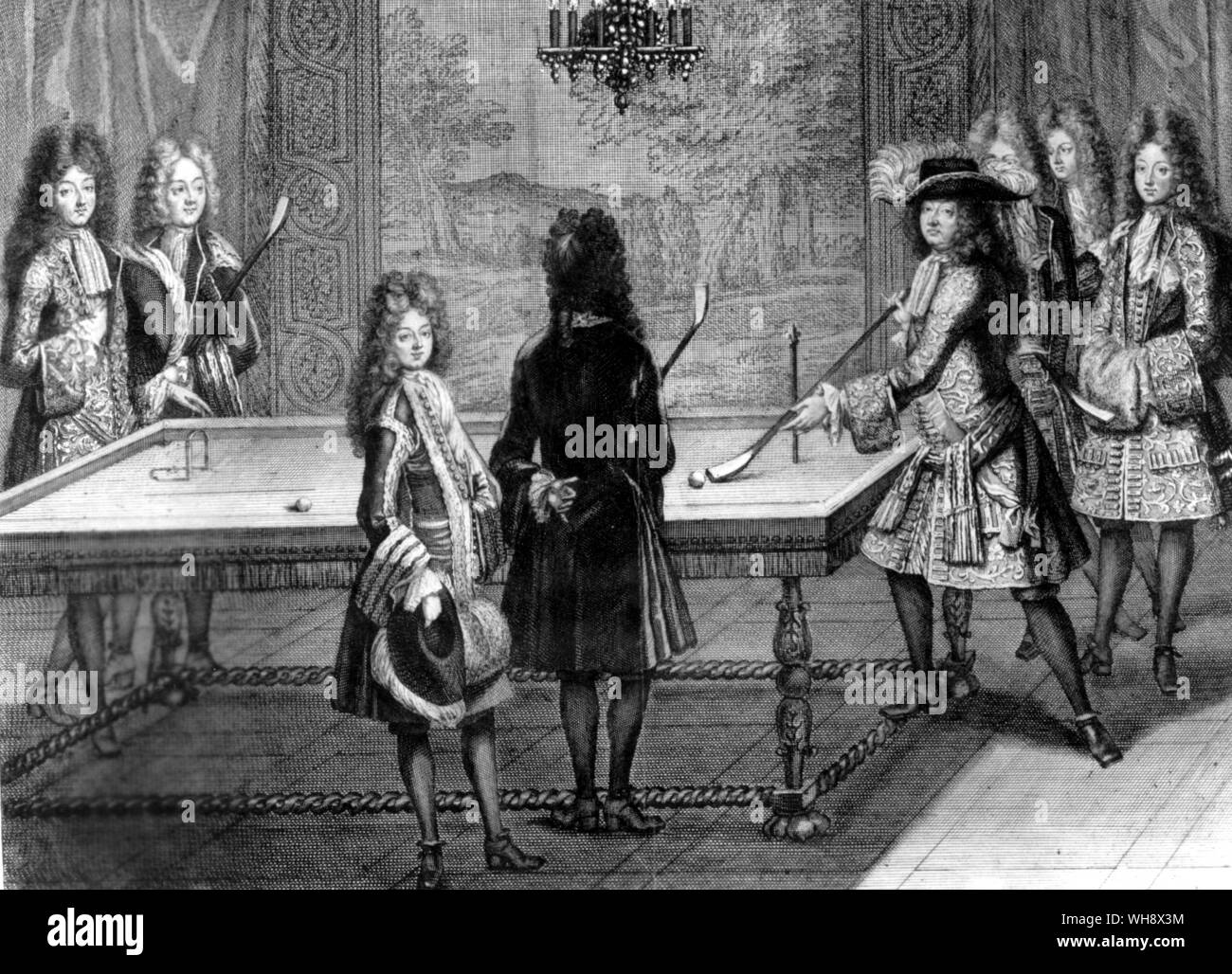 Louis XIV en jouant au billard. avec Monsieur, les Ducs de Chartres, Toulouse, Vendôme, et MM. d'Armagnac et Chamillart. Gravure de A. Trouvain Banque D'Images