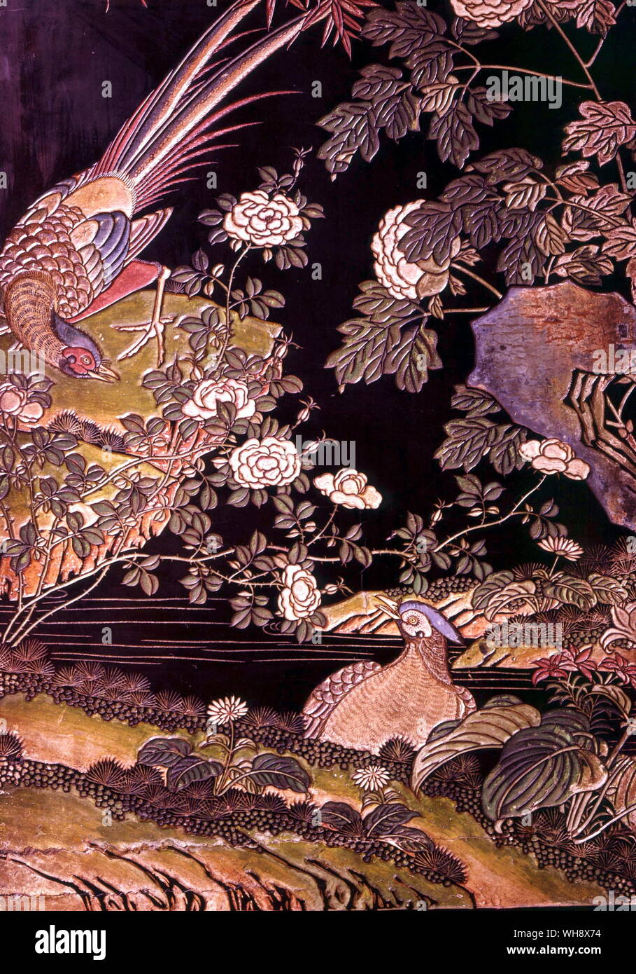 Détail d'une laque sculpté et peint, l'écran de la dynastie Ch'ing (1644-1912) Banque D'Images