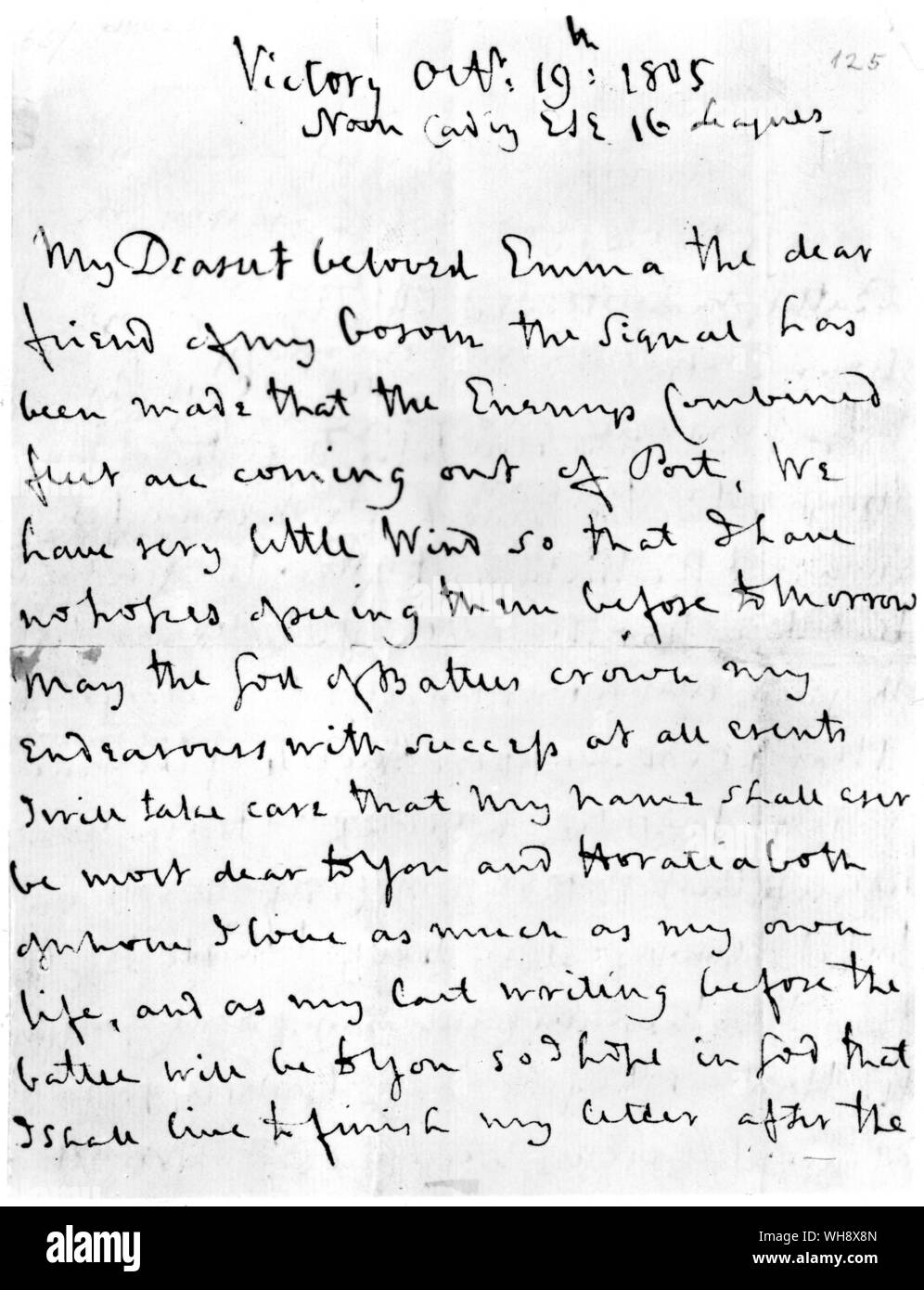 Horatio Nelson's dernière lettre à Lady Hamilton, 19 octobre 1805.. Banque D'Images