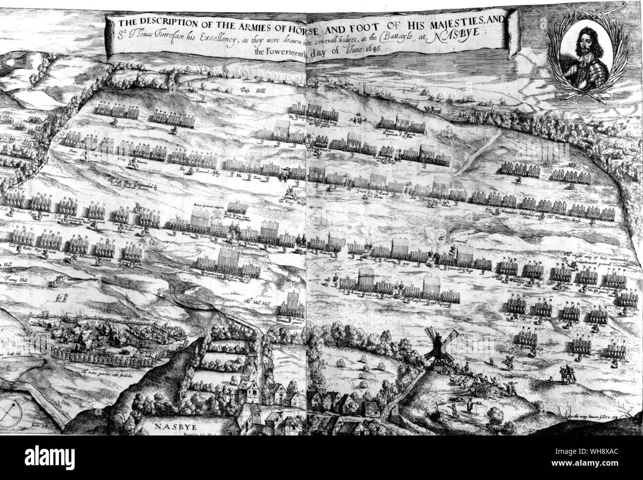 L'Steeter gravure de la bataille de Naseby de Sprigg's Anglia Rediviva présente le droit parlementaire commandé par Cromwell, Rainborough's regiment fait partie de la réserve directement au-dessous de la colline sur laquelle un nœud de rustics sont réunis pour regarder 1647 Banque D'Images
