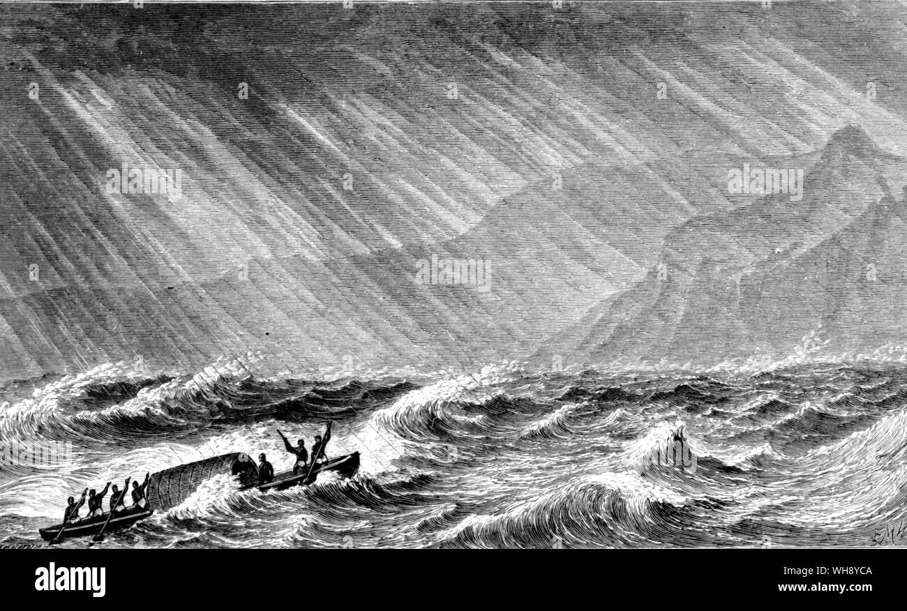 La tempête sur le lac Albert. 'Mes hommes ont regardé plutôt vert à la sinistre nuages noirs et de l'augmentation de la houle, mais s'est exclamé. Inshallah, il n'y aura pas de vent. Avec déférence pour leur foi en la prédestination J'ai insisté sur le travail de leurs pagaies de secours, comme notre sécurité dépendait d'atteindre le rivage avant l'approche de l'orage..." (Baker). Banque D'Images