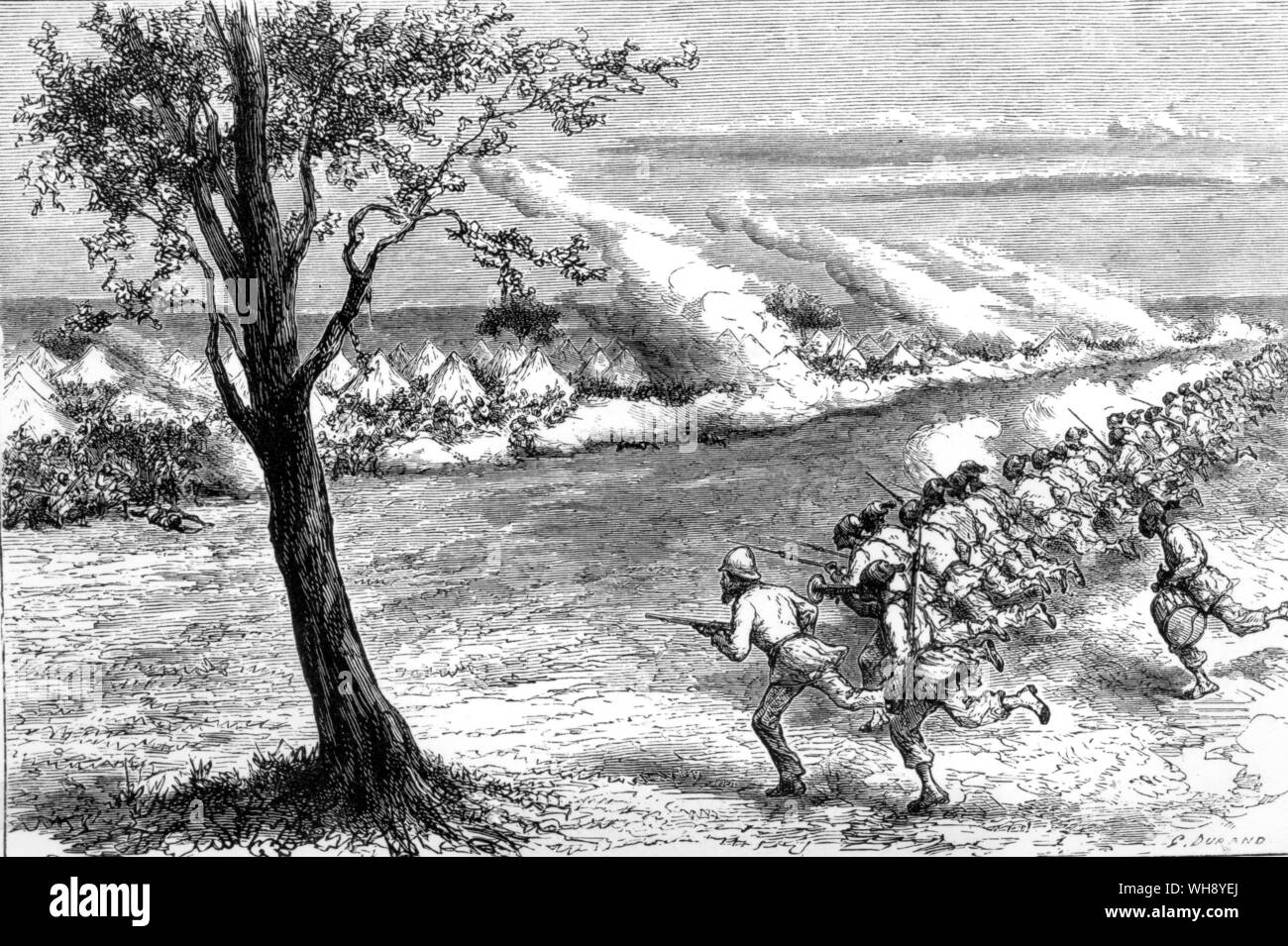 L'attaque des chasseurs d'esclaves à Fatiko : l'avance de quarante voleurs. "J'ai formé certains thrity ou quarante hommes en ligne et les a conduits à pleine vitesse avec baïonnette contre l'ennemi." (Baker). Banque D'Images