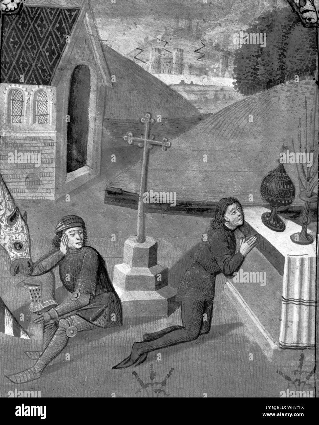 Perceval et Galahad à la fin de leur quête en présence du Saint Graal Banque D'Images