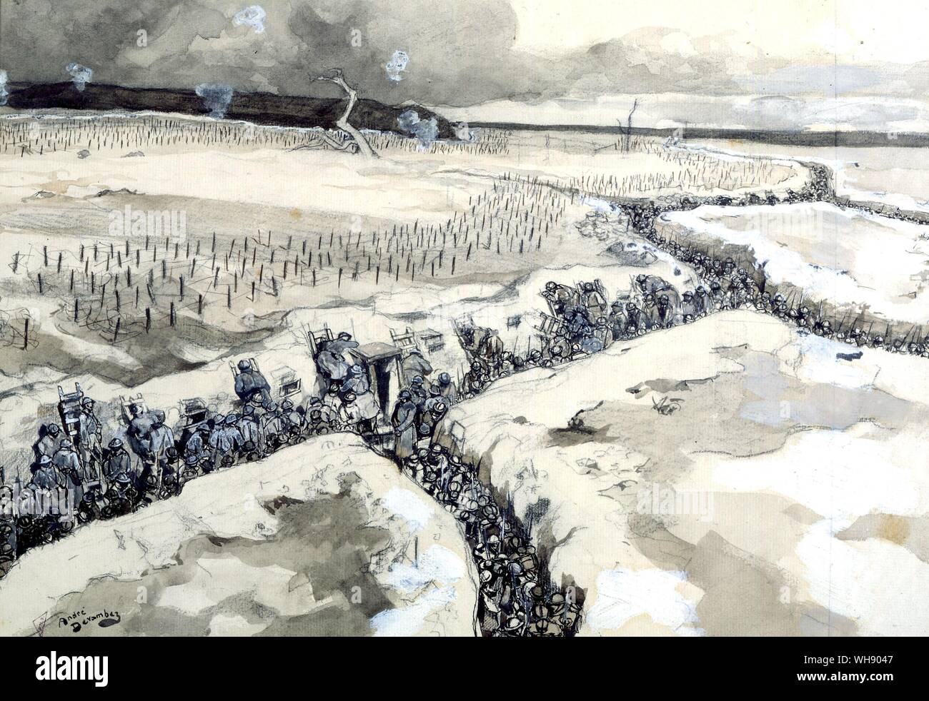 Le réseau de tranchées fut creusé des abris dans lesquels les soldats se reposent avant une attaque. Peinture de Andre Deramber Banque D'Images