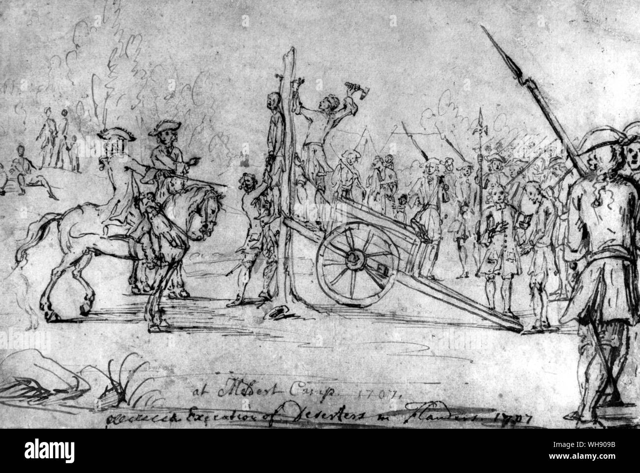 L'exécution des déserteurs durant la campagne de 1707. Dessin de Marcellus Laroon Banque D'Images