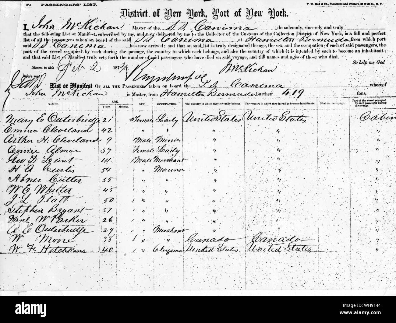 Liste de passagers pour le S.S Canima, 2 février 1874., montrant (haut) Mary Ewing Outerbridge, qui a apporté aux USA entendus dans la pelouse. Banque D'Images