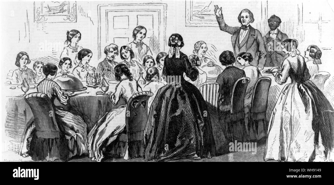 Elizabeth Ann Webb (à gauche), énième épouse de Brigham Young (voir ci-dessous à sa table sans fin) détesté l'atmosphère de Young's harem.. Banque D'Images