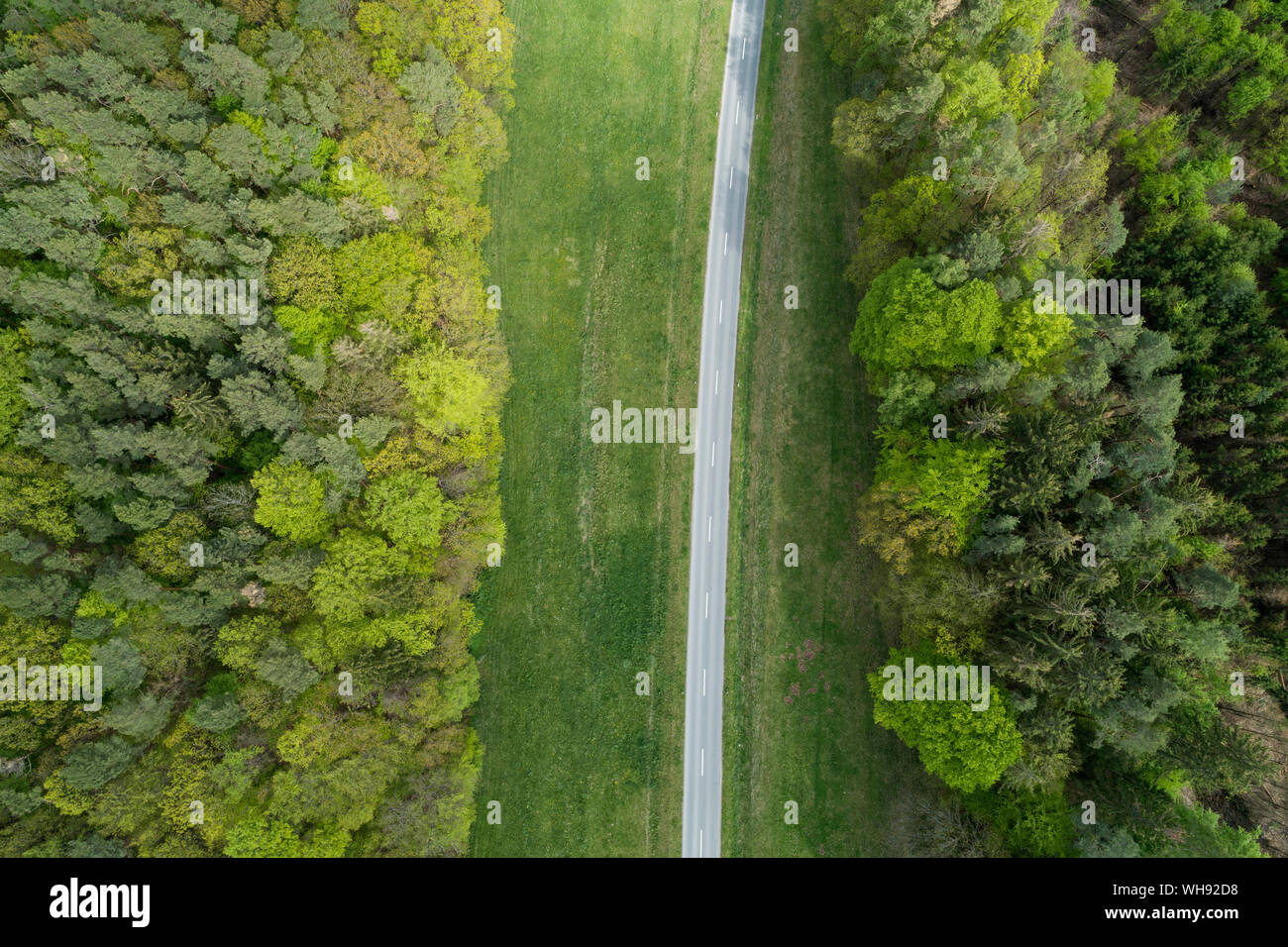 Vue aérienne de route rurale avec des forêts et prairies Franconia, Bavaria, Germany Banque D'Images