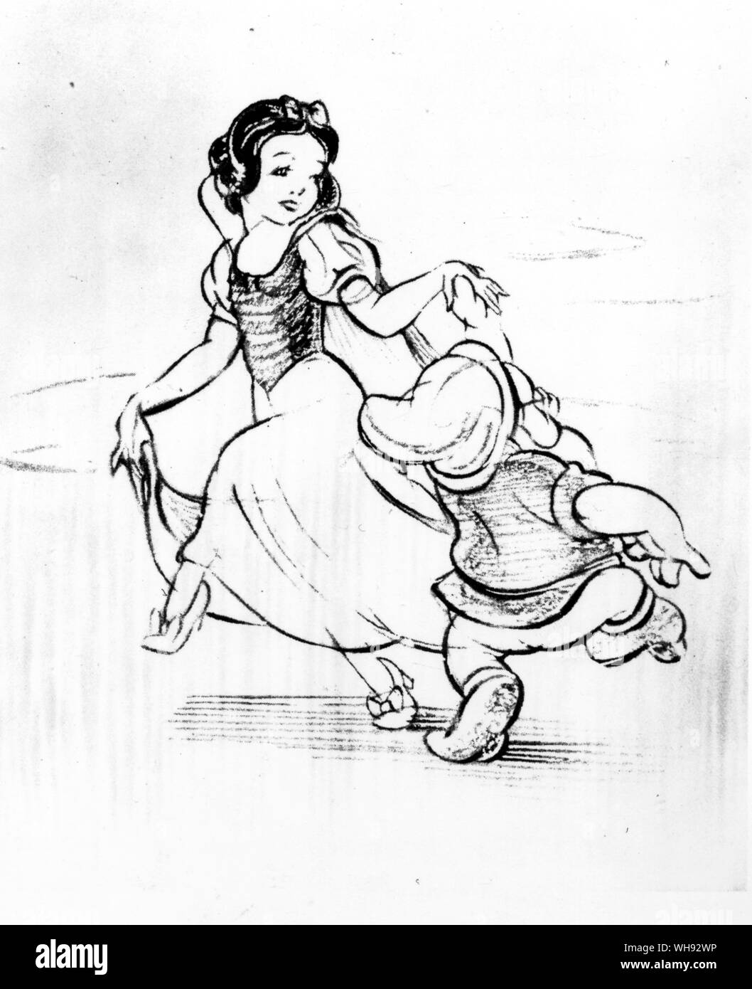 Blanche Neige et les Sept Nains. Guide des dessins de Walt Disney pour le film, Blanche Neige et les Sept Nains, 1938. Blanche Neige danse avec mauvaise humeur. Banque D'Images