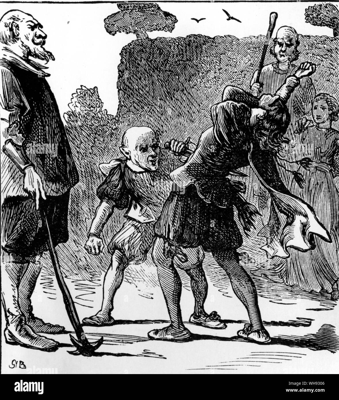 Le nain jaune représenté par Gordon Browne en 1887. L'illustration du bas montre la triste fin de la version originale de l'histoire lorsque le nain tue le roi des mines d'or. Banque D'Images