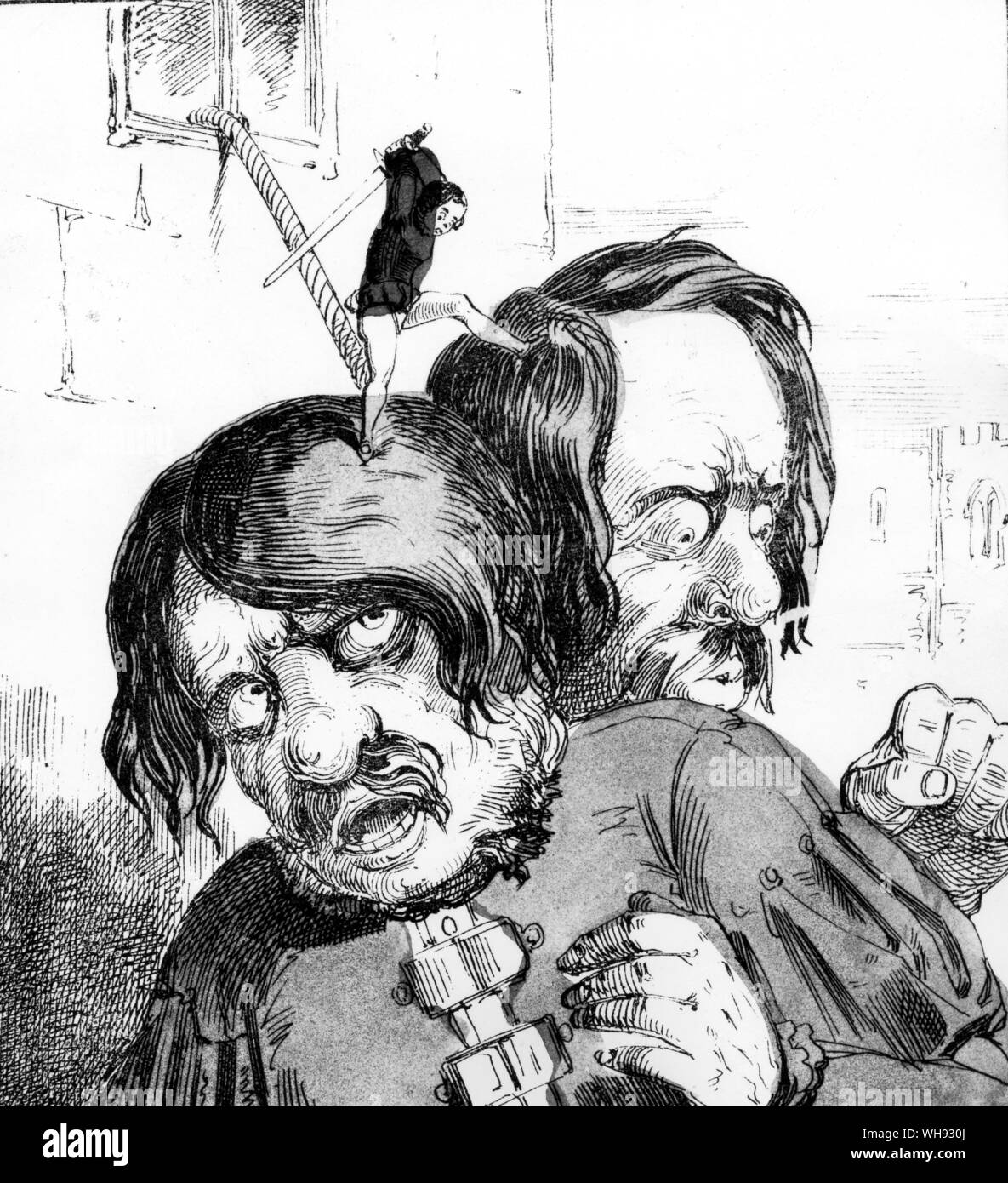 Jack's abattage de Giant Blunderbore et ami, représenté par Alfred Crowquill dans tante Mavor's Nursery Tales, 1858. Banque D'Images