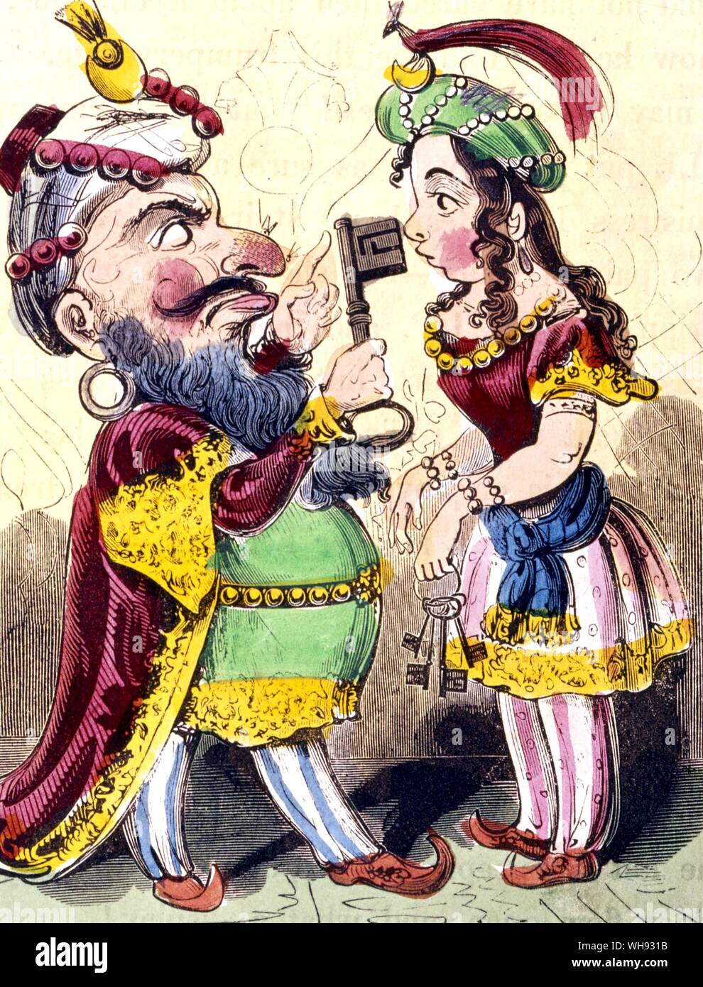Barbe-bleue. Un facétieux traitement de Barbe-bleue. Illustration colorée à la main, c.1845. Banque D'Images