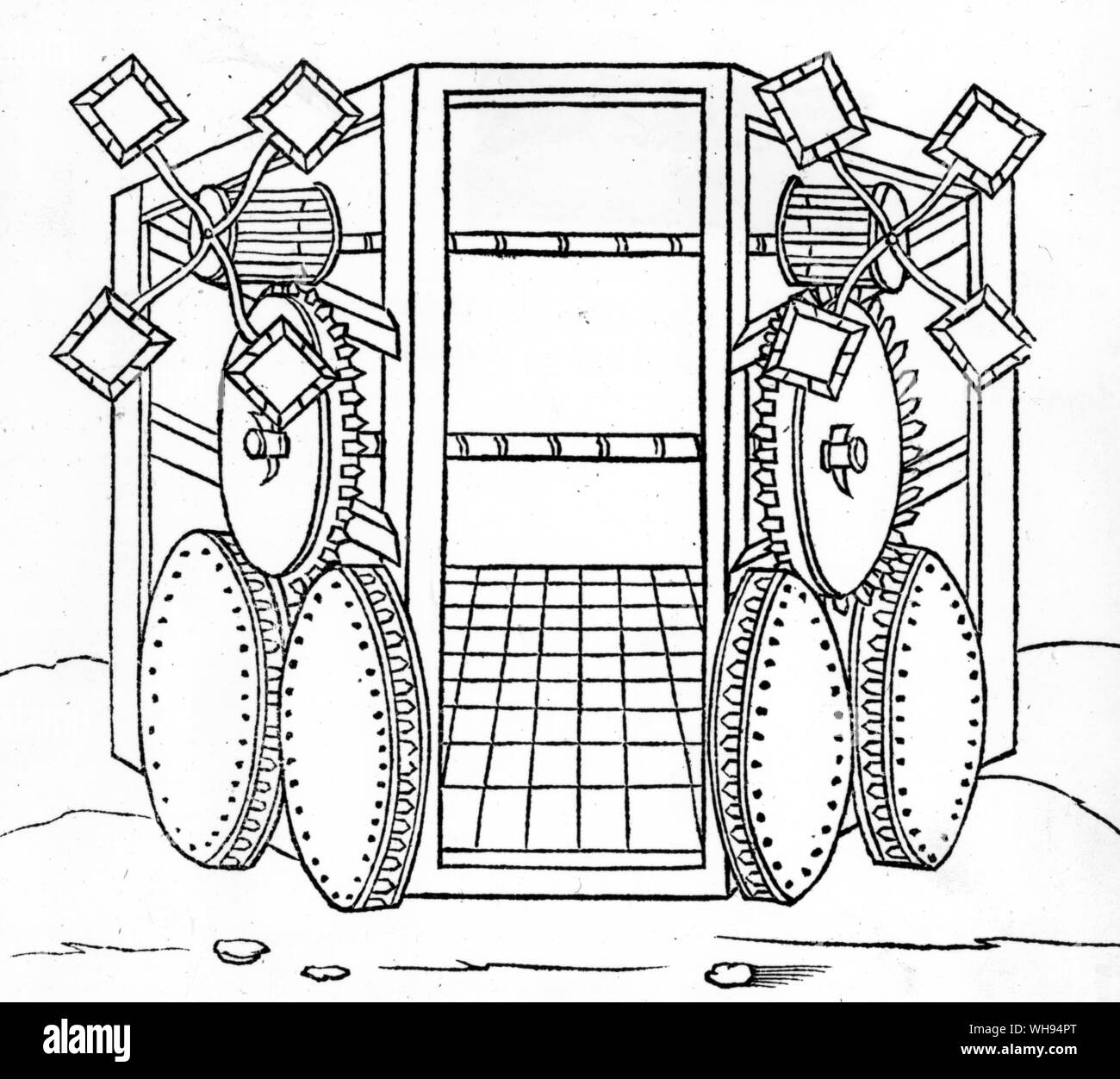 Valturio's tank était censée les progrès accomplis par la pression du vent sur ses petites voiles. Le modèle antérieur par Guido da Vigevano 1335 dispose également de voiles. Banque D'Images