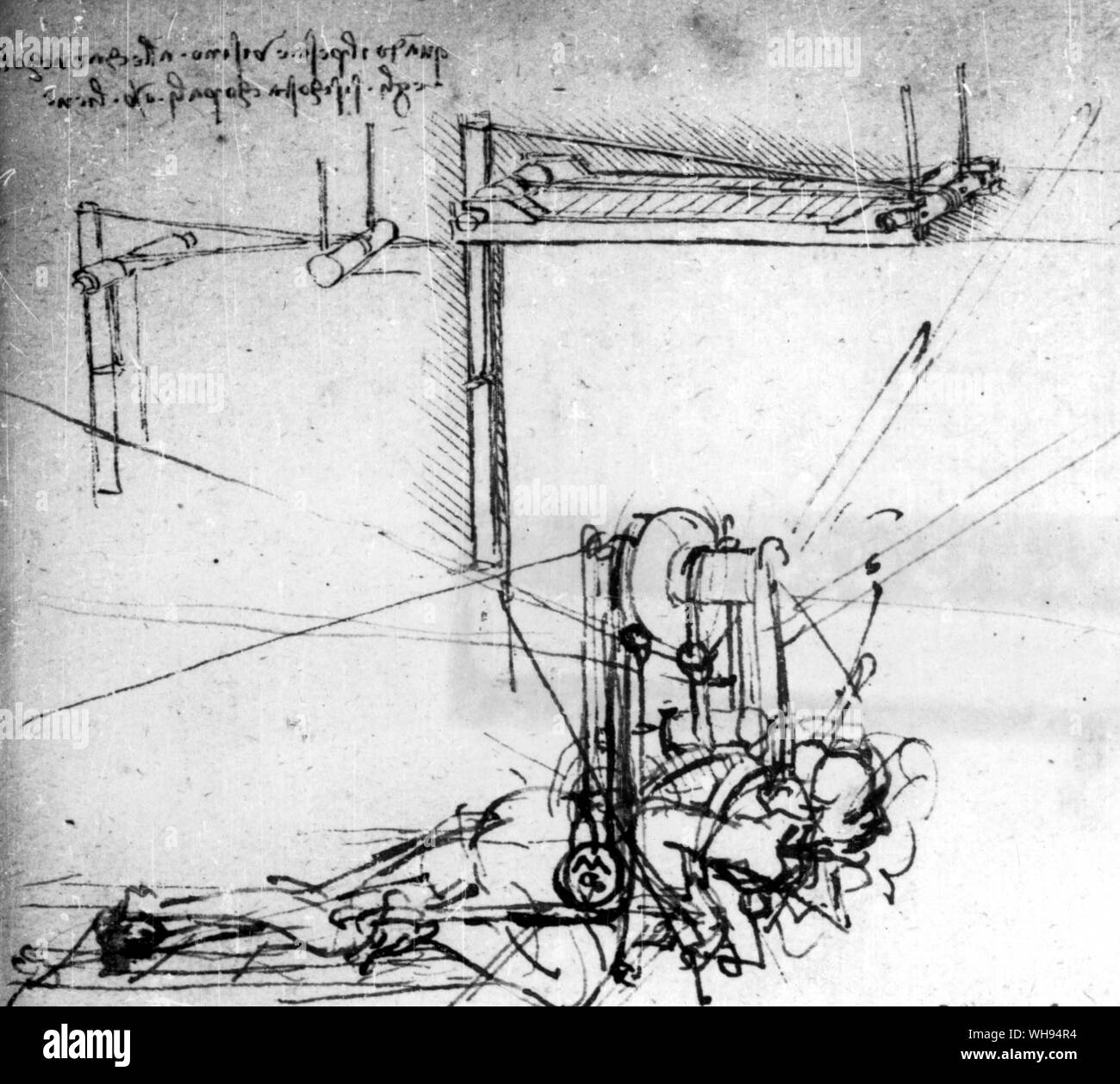 Un gouvernail comme la queue est un ajout intéressant à l'autre ornithoptère daignent de 1486-90. Ce croquis montre comment le faisceau de la tête s'insère. Cet appareil a également actionné se lance à l'aide relative à la battre. Dans les notes qui accompagnent le dessin vif, Leonardo raconte comment un ornithoptère peut être faite avec une paire d'ailes, ou avec deux. Banque D'Images