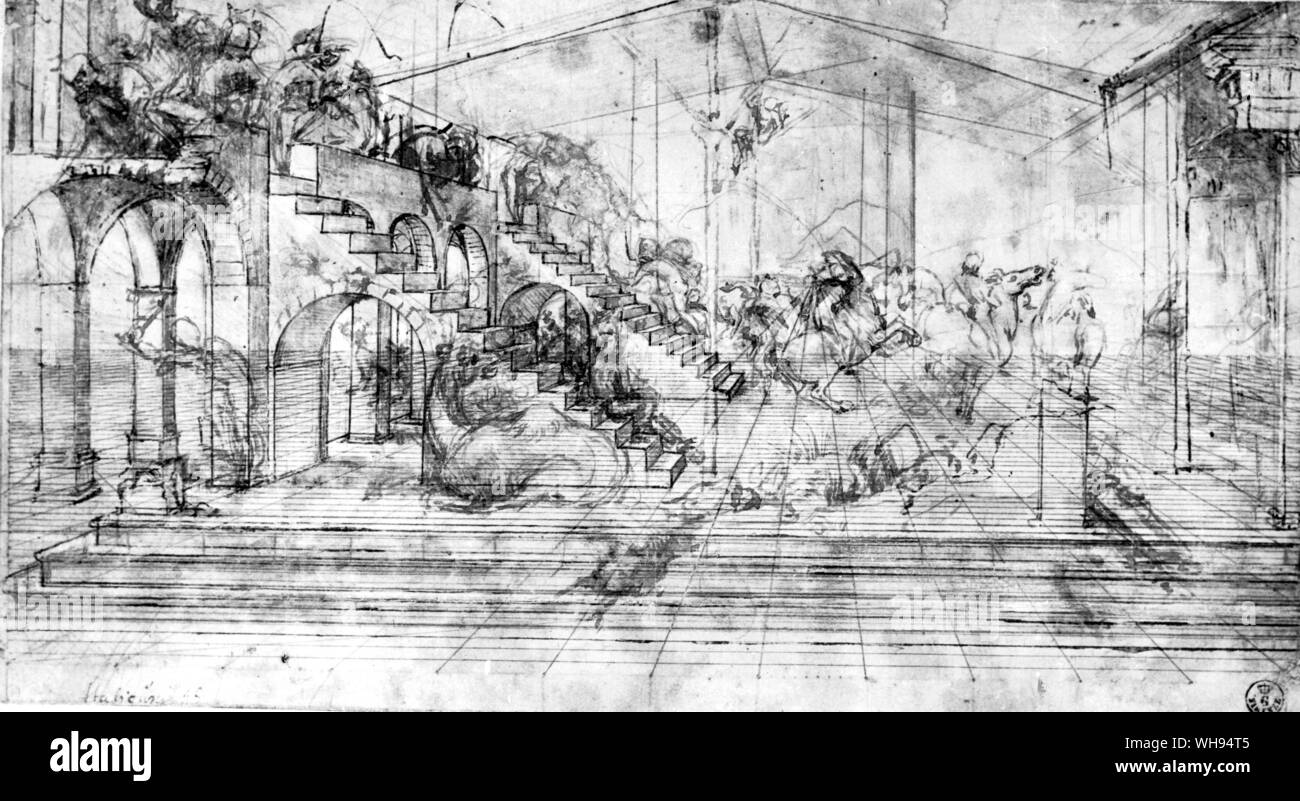 Le jeune aurait dû apprendre' perspecive leonardo a écrit dans ses préceptes pour le peintre. Son dessin c.1481, pour l'Adoration, montre comment il a construit une architecture basée sur une perspective centrale, et a attiré dans les chiffres par la suite. Banque D'Images