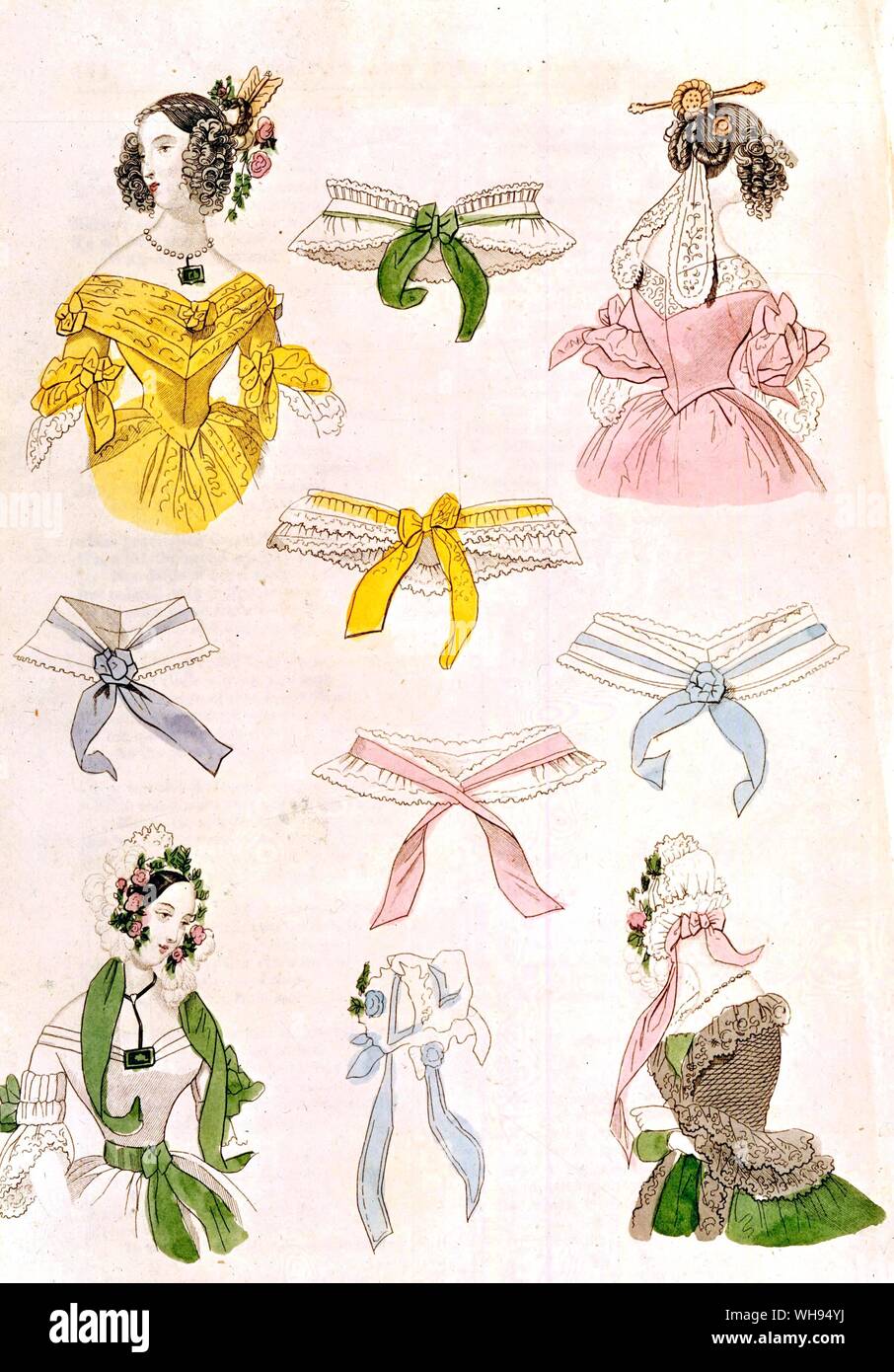 La mode européenne Octobre 1838 Costume Bonnet et col Fashions Banque D'Images