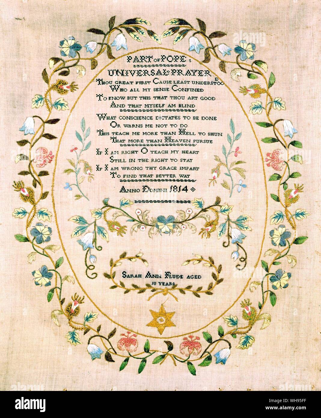 Sampler, 1814. signé Sarah Ann Flude a travaillé en soie, en satin, chaîne et long et court, et la tige de suture sur une toile de laine. 18 x 13,5 pouces. Banque D'Images
