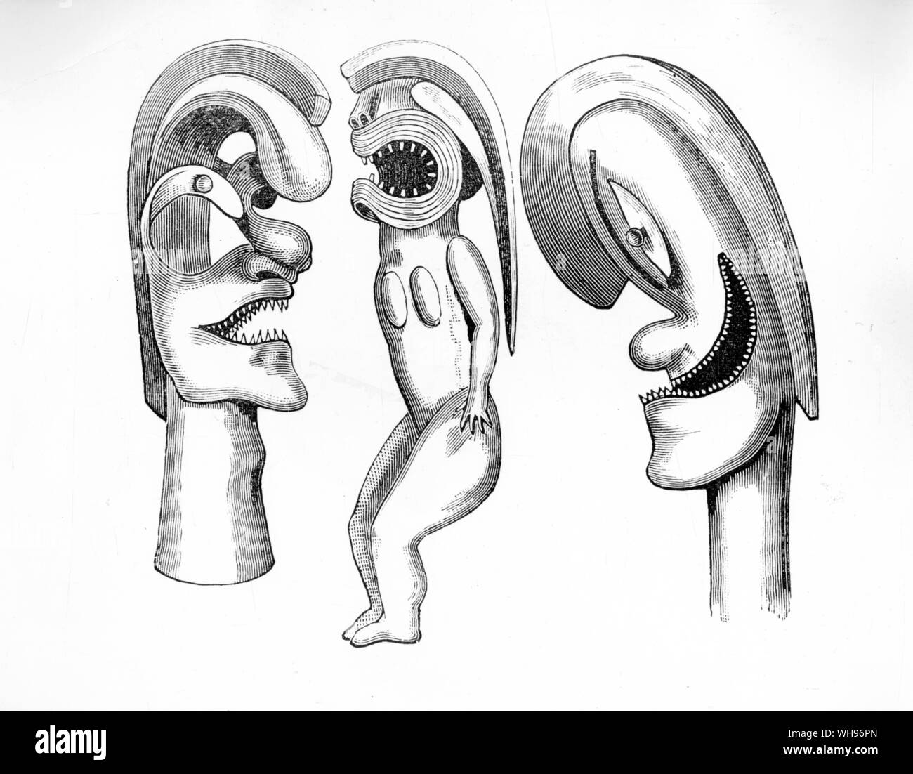 Dr Moseley illustre sa théorie sur le croissant des ornements de Hawaï avec cette photo de "dieux". Celui de gauche est de Cook's un voyage à l'océan Pacifique", les autres sont copiés à partir de la narration de l'Ellis, les îles Sandwich. Banque D'Images