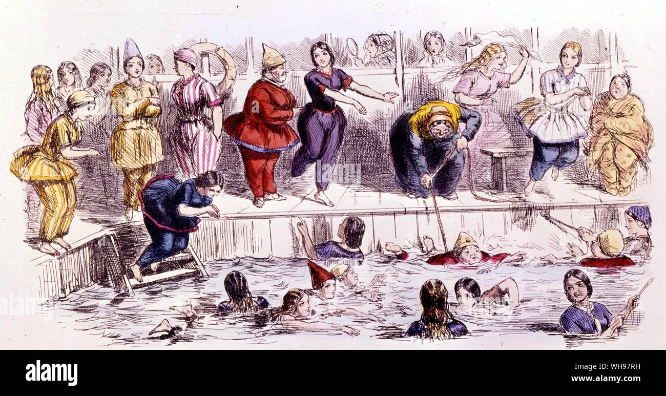Natation pour les dames par John Leech 1860 Banque D'Images