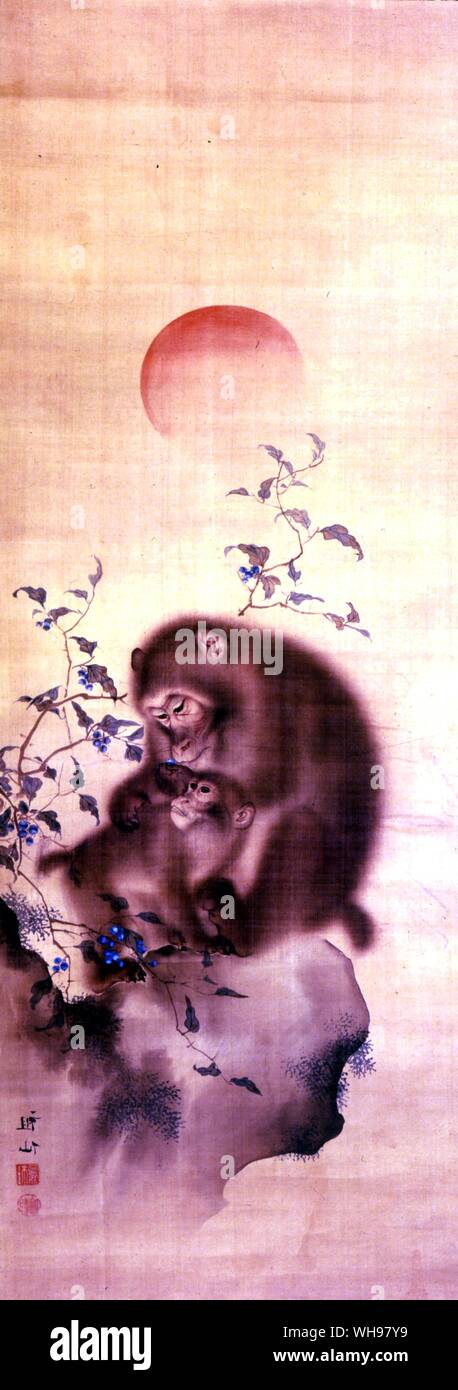 Monkey et les jeunes avec des baies bleu par Mori Sosen 1747-1821 Banque D'Images