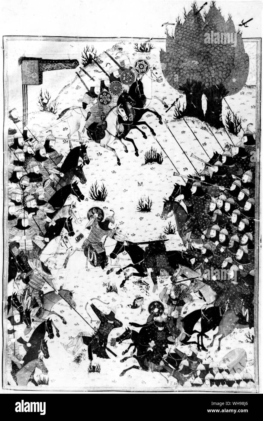 La guerre antique/ de la Miniature manuscrit, Shah-nama de Baysunghur (1430) représentant la bataille entre les armées de l'Iran et Turanian.. Banque D'Images