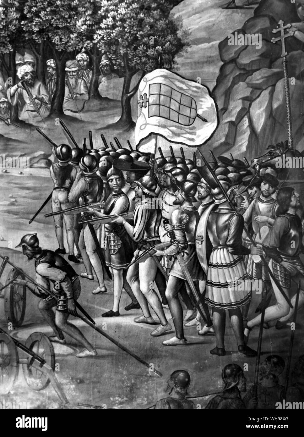 L'Espagnol est devenu la puissance militaire dominante et a fondé un grand empire outre-mer. Un détail d'une peinture murale représentant la capture d'Oran sur les Maures. Banque D'Images