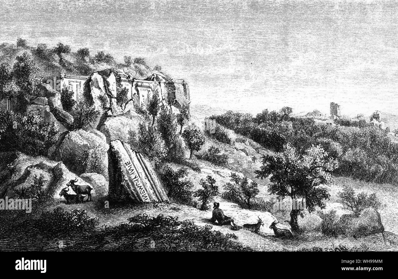 George Dennis, croquis de tombes falaise Castel d'Asso qu'il visite en 1842 Banque D'Images