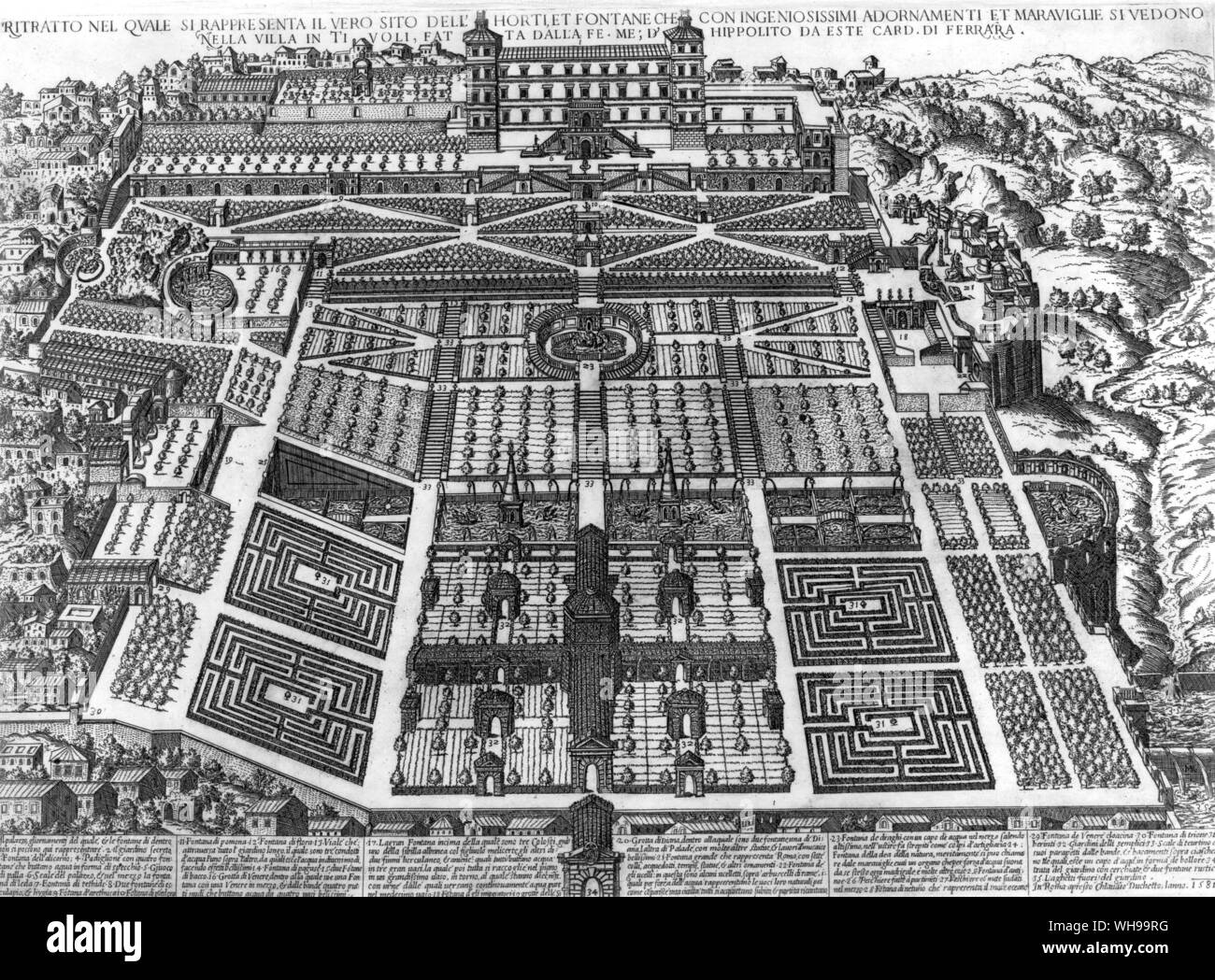 Le jardin à l'Italienne. La Villa d'Este à Tivoli, une gravure de 1581. Banque D'Images