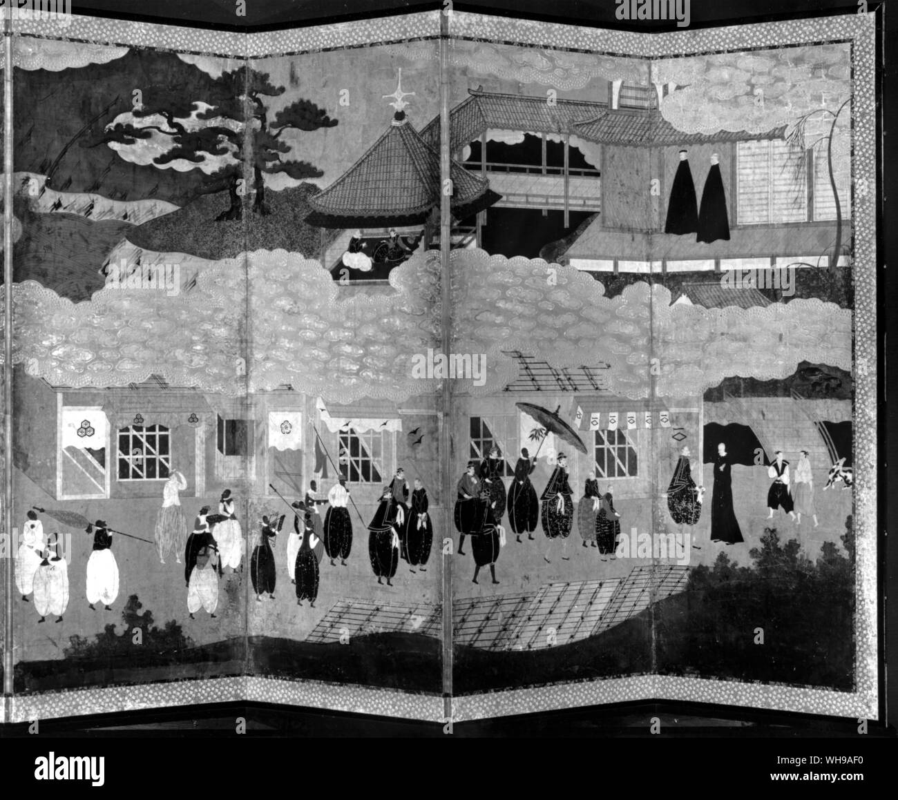 Les Européens et les Africains comme vu par un artiste japonais. Partie d'une courbe du 17ème siècle montrant des commerçants hollandais et les prêtres à Nagasaki Banque D'Images