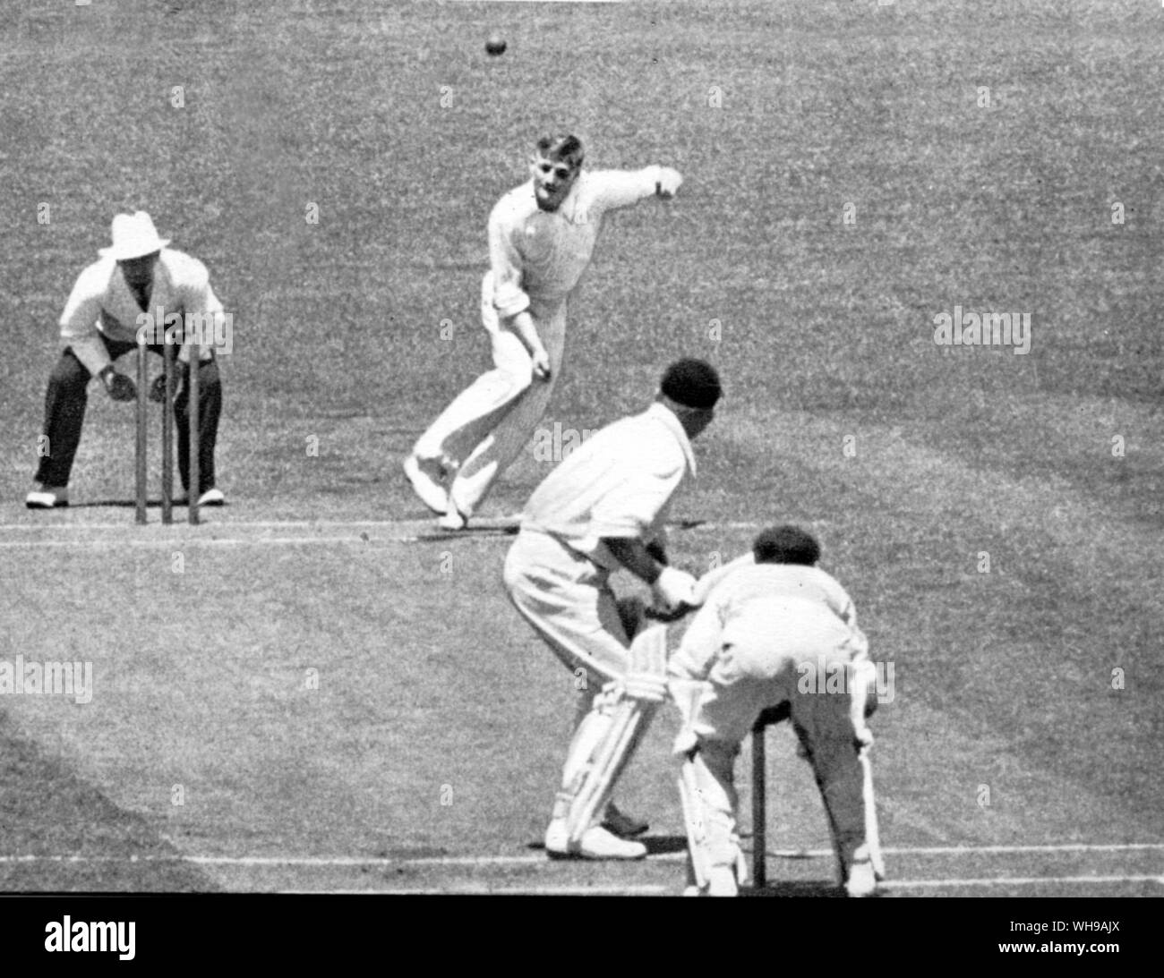 L Colin McCool bowling à Hammond en 1946-1947. D Tallon est conforme wicket Banque D'Images