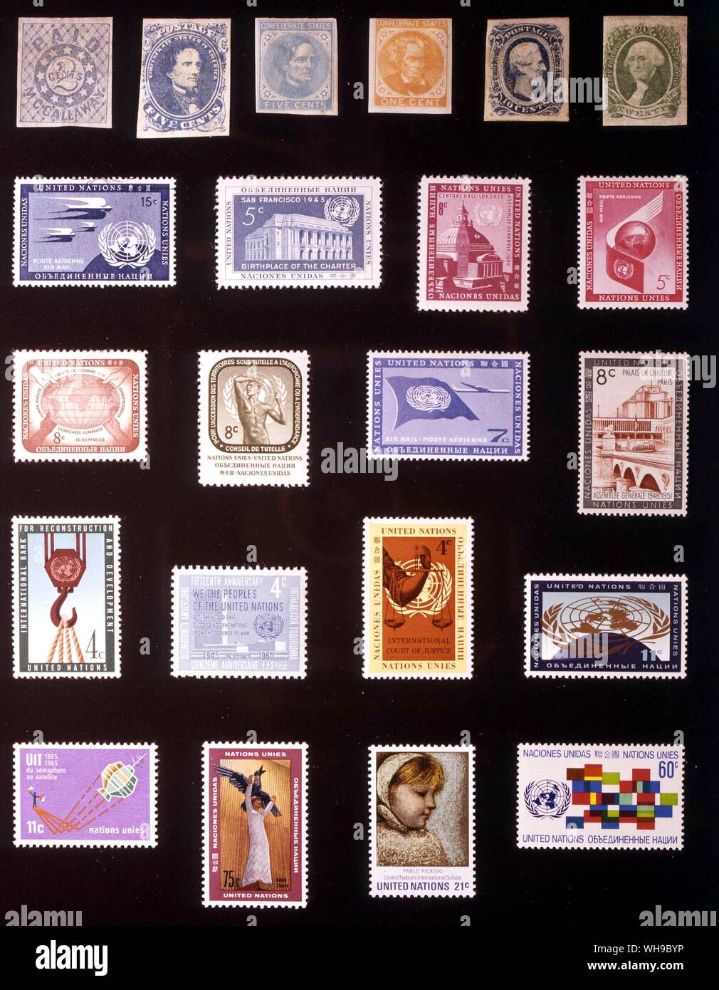 Amérique - ETATS CONFÉDÉRÉS ET L'ORGANISATION DES NATIONS UNIES : (de gauche à droite) 1. Confederate Postmaster's Stamps (Memphis), 2 cents, 1861, 2. Confederate States, 5 cents, 1861, 3. Confederate States, 5 cents, 1862, 4. Confederate States, 1 100, 1862, 5. Confederate States, 10 cents, 1863, 6. Confederate States, 20 cents, 1863, 7. Organisation des Nations Unies, 15 cents, 1951, 8. Organisation des Nations Unies, 5 cents, 1952, 9. Organisation des Nations Unies, 8 cents, 1958, 10. Organisation des Nations Unies, 5 cents, 1959, 11. Organisation des Nations Unies, 8 cents, 1958, 12. Organisation des Nations Unies, 8 cents, 1959, 13. Organisation des Nations Unies, 7 cents, 1959, 14. Organisation des Nations Unies, 8 cents, 15, 1960. Banque D'Images Amérique - ETATS CONFÉDÉRÉS ET L'ORGANISATION DES NATIONS UNIES : (de gauche à droite) 1. Confederate Postmaster's Stamps (Memphis), 2 cents, 1861, 2. Confederate States, 5 cents, 1861, 3. Confederate States, 5 cents, 1862, 4. Confederate States, 1 100, 1862, 5. Confederate States, 10 cents, 1863, 6. Confederate States, 20 cents, 1863, 7. Organisation des Nations Unies, 15 cents, 1951, 8. Organisation des Nations Unies, 5 cents, 1952, 9. Organisation des Nations Unies, 8 cents, 1958, 10. Organisation des Nations Unies, 5 cents, 1959, 11. Organisation des Nations Unies, 8 cents, 1958, 12. Organisation des Nations Unies, 8 cents, 1959, 13. Organisation des Nations Unies, 7 cents, 1959, 14. Organisation des Nations Unies, 8 cents, 15, 1960. Banque D'Images