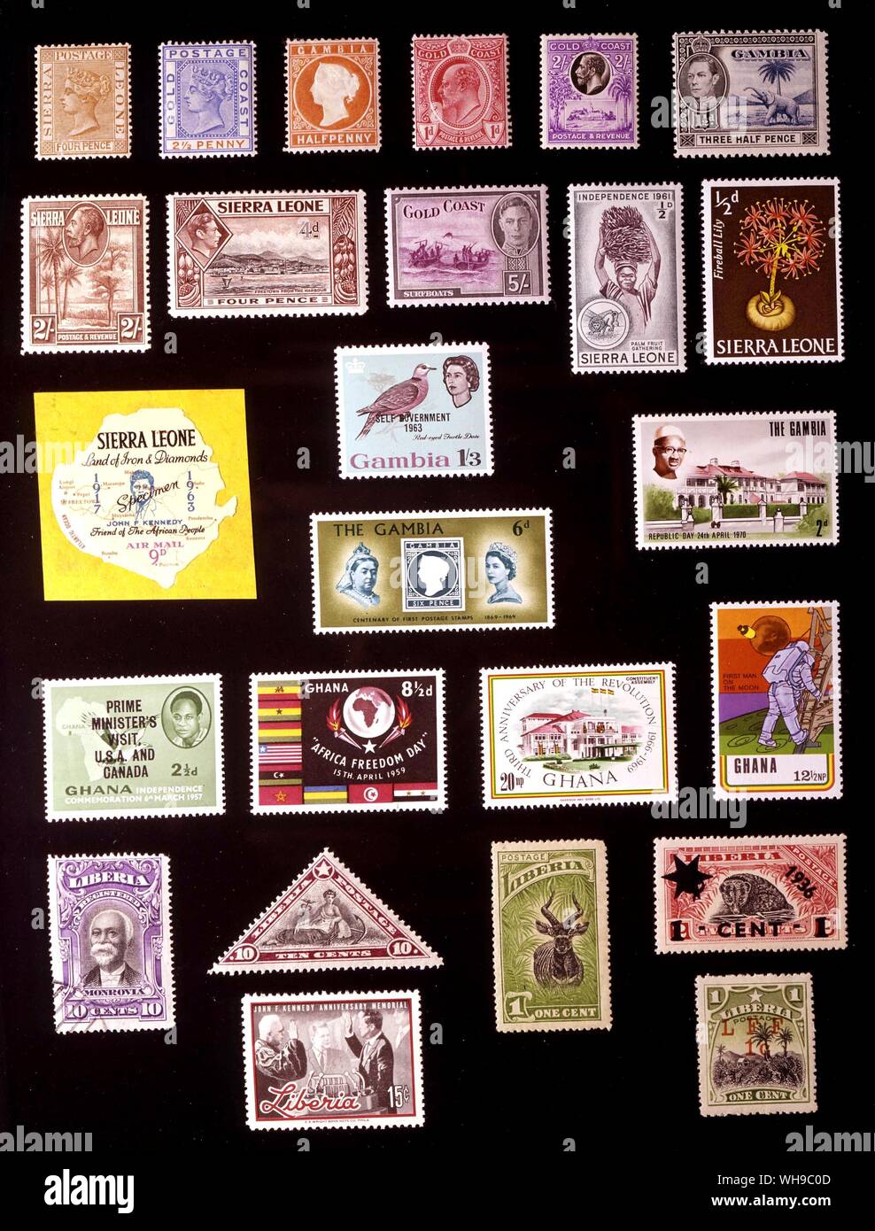 Afrique - Afrique de l'Ouest : (de gauche à droite) 1. La Sierra Leone, 4 pence, 1884, 2. Côte d'or, 2,5 pence, 1891, 3. La Gambie, Halfpenny, 1880, 4. Côte d'or, 1 penny, 1908, 5. Côte d'or, 2 shillings, 1928, 6. La Gambie, 1,5 pence, 1938, 7. La Sierra Leone, 2 shillings, 1932, 8. La Sierra Leone, 4 pence, 1938, 9. Côte d'or, 5 shillings, 1948, 10. La Sierra Leone, de 0,5 centime, 1961, 11. La Sierra Leone, de 0,5 centime, 1963, 12. La Sierra Leone, 9 pence, airmail, 1964, 13. La Gambie, 1 shilling et 3 pence, 1963, 14. La Gambie, 6 pence, 1969, 15. La Gambie, 2 pence, 1970, 16. Le Ghana, 2,5 pence, 1958, 17. Le Ghana, 8,5 Banque D'Images