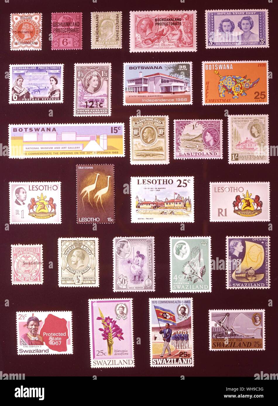 Afrique - AFRIQUE DU SUD : (de gauche à droite) 1. Bechuanaland, 0,5 centime, 1888, 2. Bechuanaland, 6 pence, 1897, 3. Bechuanaland, 0,5 centime, 1908, 4. Bechuanaland, 5 shillings, 1920, 5. Bechuanaland, 3 pence, 1947, 6. Bechuanaland, 6 pence, 1960, 7. Bechuanaland, 12,5 cents, 1961, 8. Le Botswana, 35 cents, 1966, 9. Le Botswana, 25 cents, 1970, 10. Le Botswana, 15 cents, 11, 1968. Basutoland, 10 shillings, 1933, 12. Basutoland, 1 shilling, 1954, 13. Basutoland, 1 shilling, 1959, 14. Le Lesotho, Rand, 1967 1, 15. Le Lesotho, 15 cents, 1968, 16. Le Lesotho, 25 cents, 1969, 17. Le Lesotho, Rand, 1971 1, 18. Le Swaziland, 1 Banque D'Images