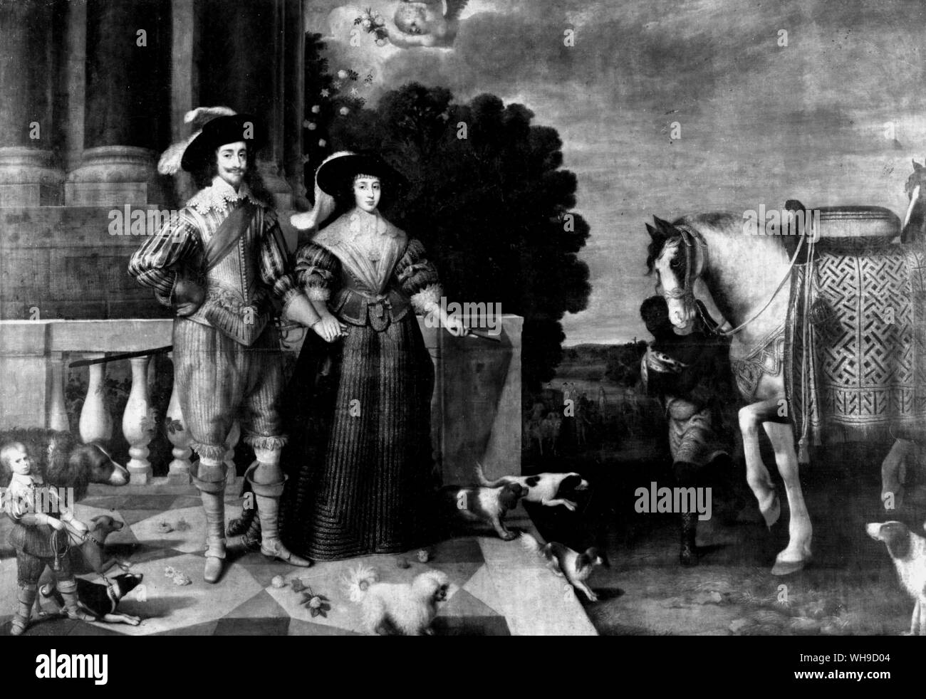 Le roi Charles Ier d'Angleterre (1600-1649) la main dans la main avec sa reine, Henrietta Maria, au départ pour la chasse. c.1630-32. Banque D'Images