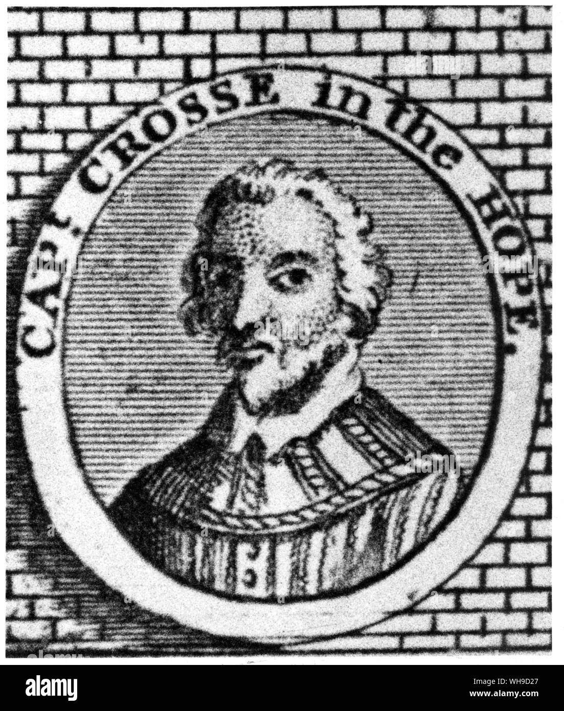 Le Capitaine Robert Crosse dans l'espoir.. qui a commandé une squadrom de navires de ravitaillement pour Sir Francis Drake en 1589 encore une fois l'expédition d'Espagne. Détail d'une gravure d'une tapisserie de pin Banque D'Images