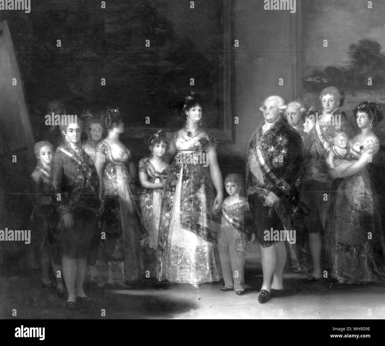 Détail d'un tableau de Goya de Carlos IV d'Espagne et de la reine Maria Luisa et leurs enfants, avec le passeport de Humboldt pour l'Amérique du Sud publié par le secrétaire d'État à Madrid. Banque D'Images