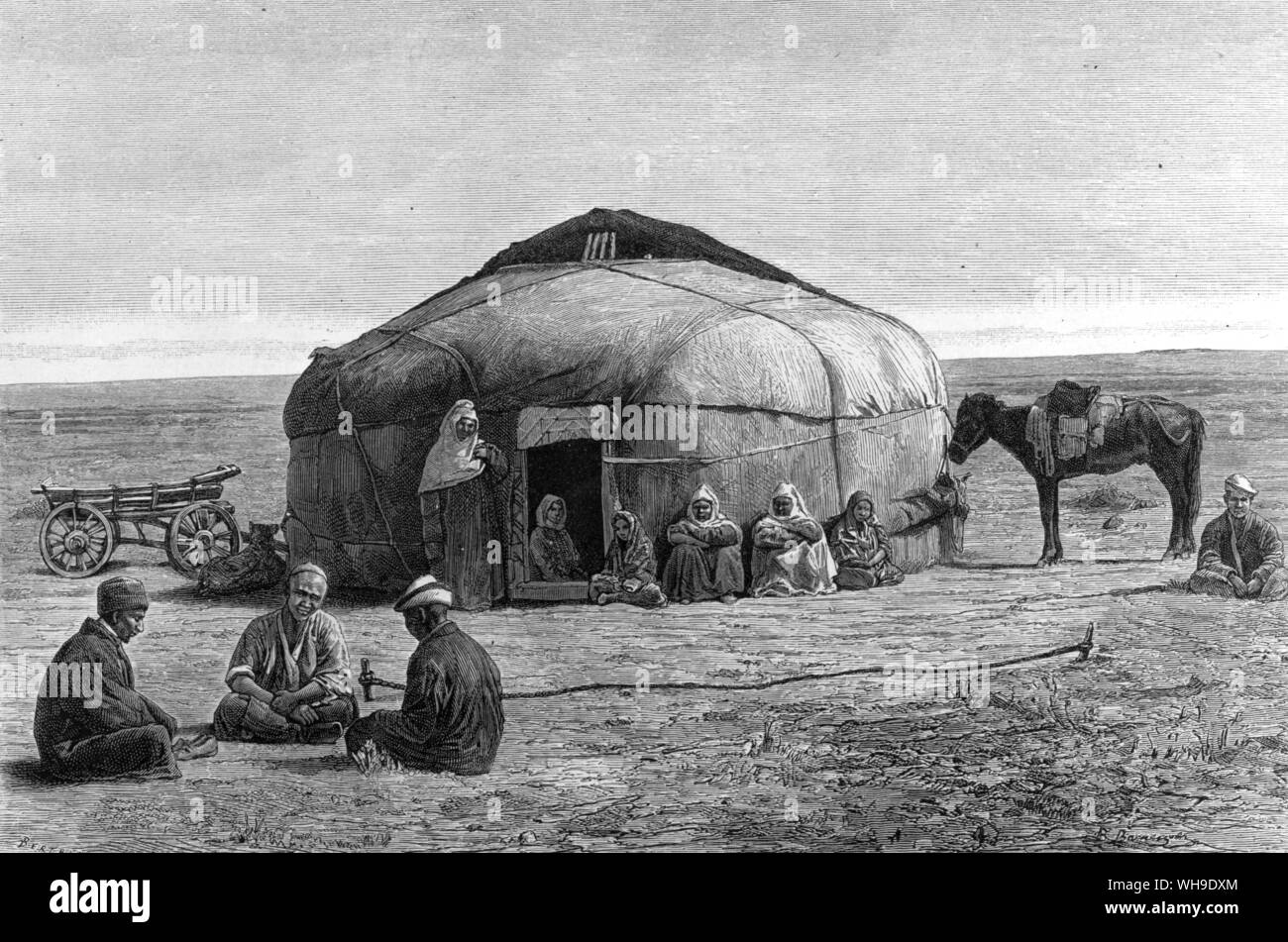 Emcampment Kirghiz sur les steppes sibériennes. Le typhus faisait rage lorsque Humboldt a traversé tellement il a été obligé de couvrir un mille milles en 9 jours. Banque D'Images